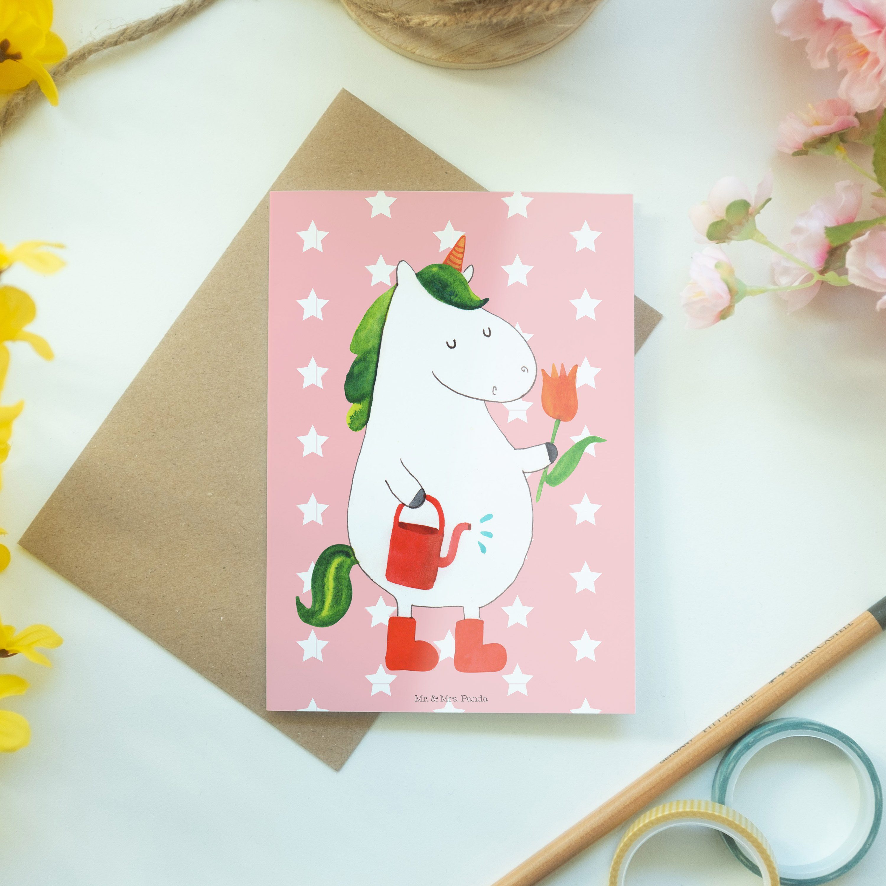 Rot Grußkarte Gärtner Geburtstagskarte, Glückwuns & Mrs. - Mr. - Einhorn Panda Geschenk, Pastell