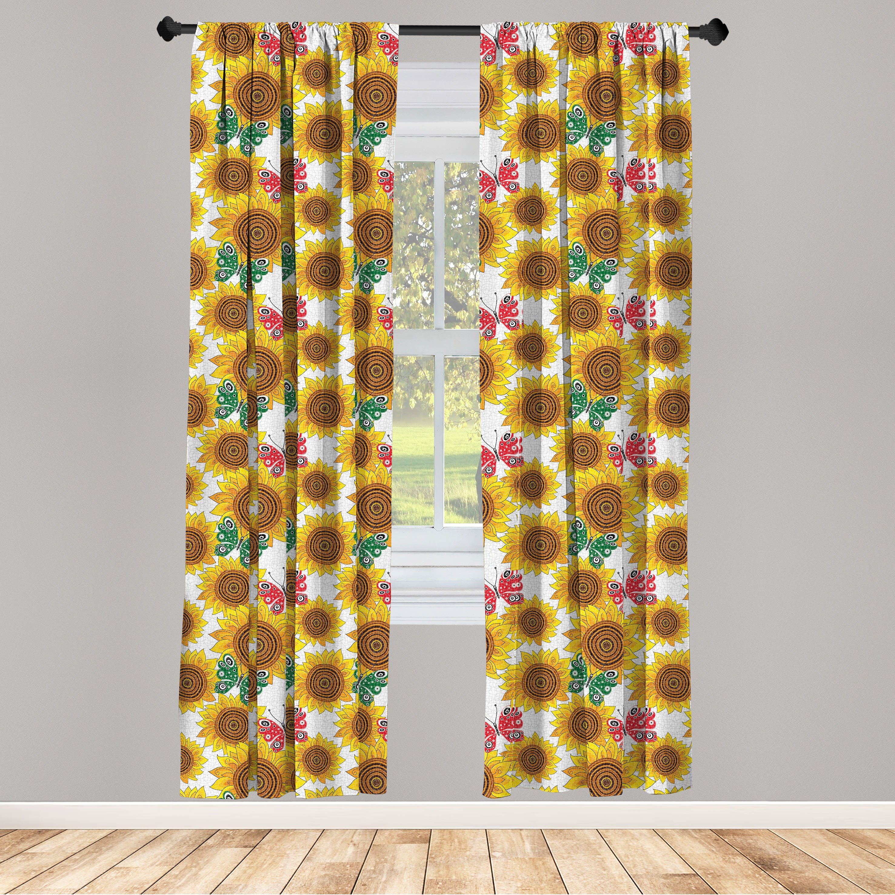 Gardine Vorhang für Wohnzimmer Schlafzimmer Dekor, Abakuhaus, Microfaser, Blumen Schmetterlinge und Sonnenblumen