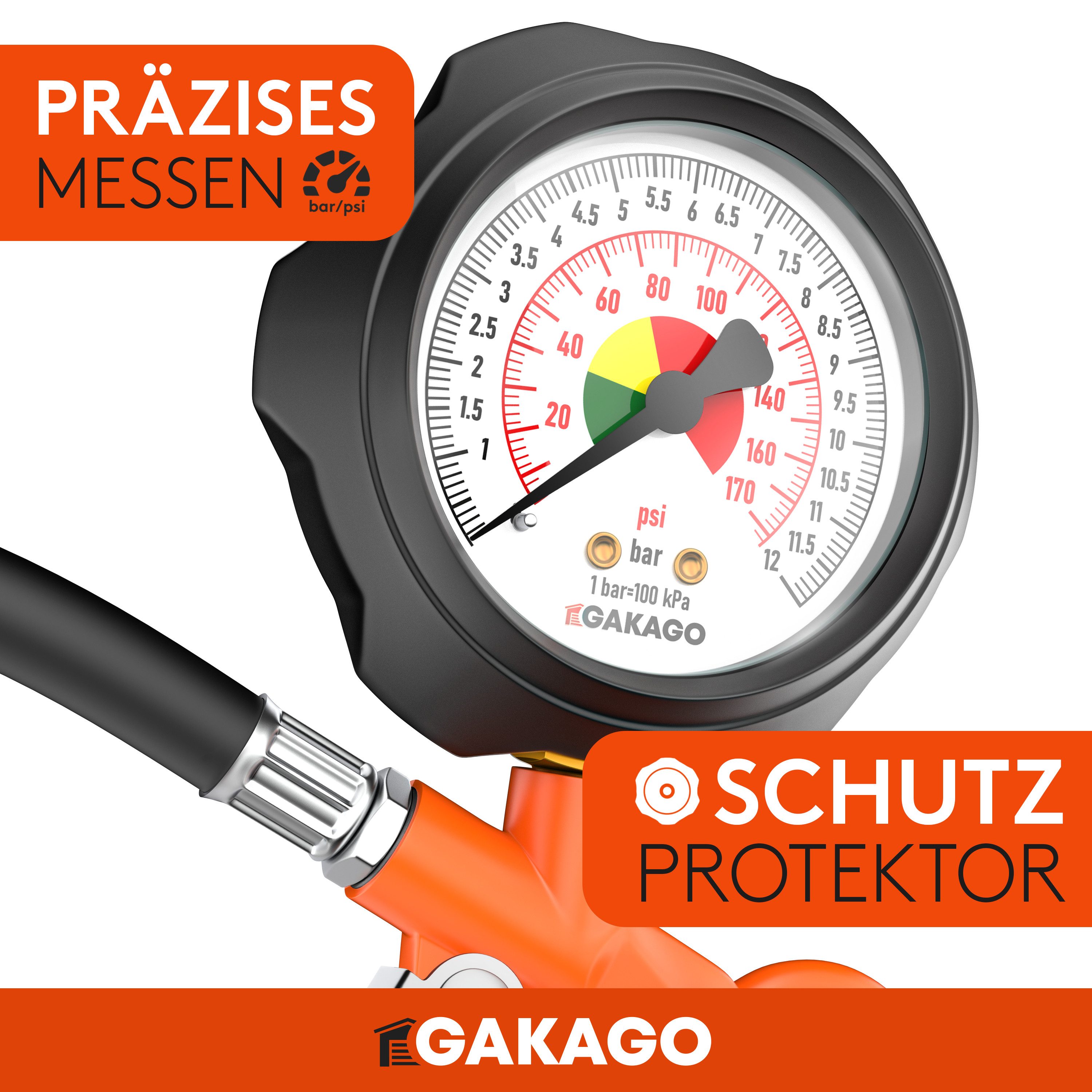 Gakago Tire Inflator - Precise tire pressure inflator with high-quality, max. 12 bar, compressed air pressure gauge, - Extra long 45cm tire inflation hose, - Versatile tire pressure tester for cars, trucks, bicycles and more.