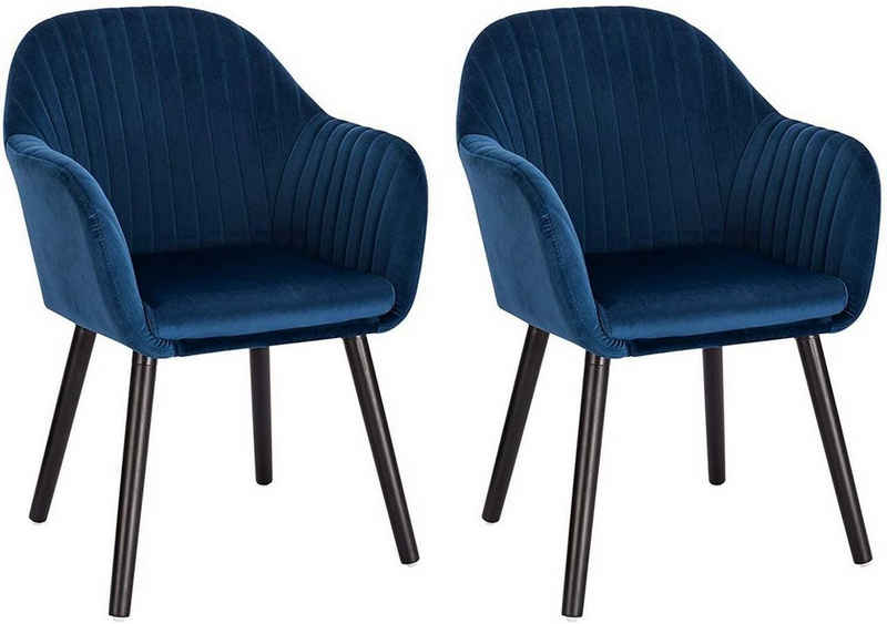 Woltu Esszimmerstuhl (2er-Set, 2 St), Küchenstuhl Wohnzimmerstuhl Polsterstuhl, Design Stuhl mit Armlehne Samt Massivholz, Blau
