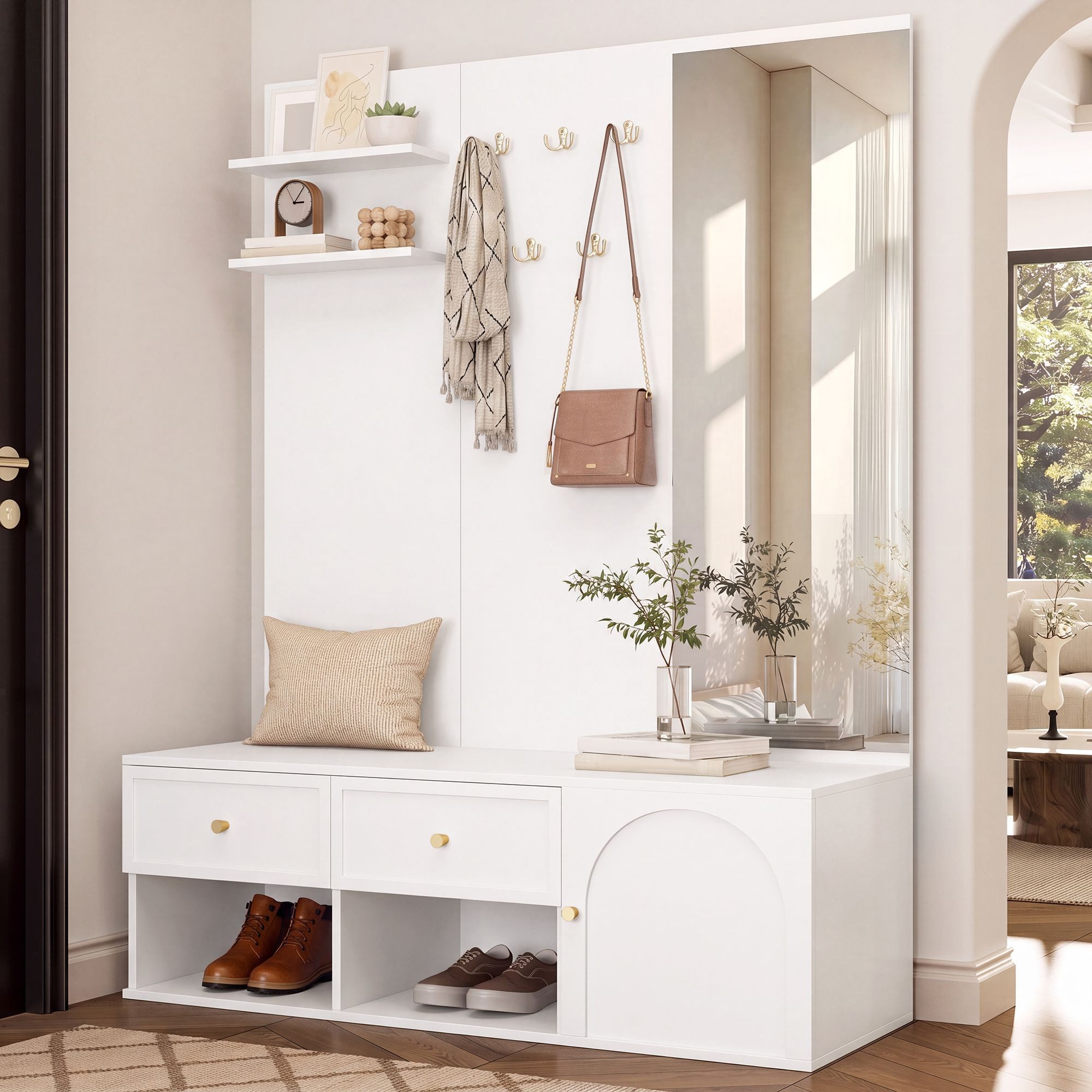 Merax Garderoben-Set Garderobenset, Wandgarderobe, (1-St., mit Spiegel, Sitzbank, 5 Haken, Schubladen und Schuhablage), Garderobenständer, Flurmöbel mit Stauraum