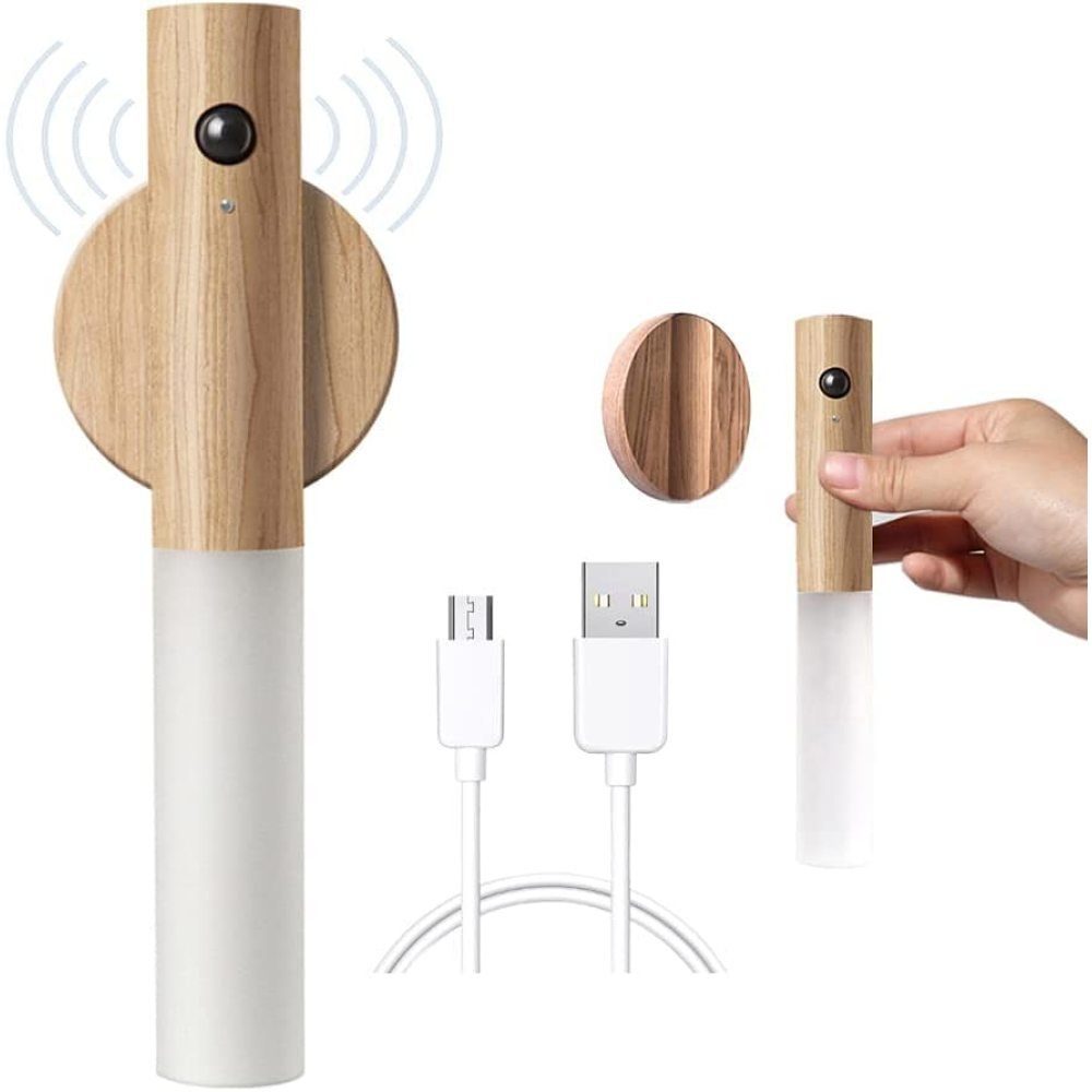 GelldG Wandleuchte USB Aufladbar Holz Wandleuchte Innen Wandlampe mit Bewegungsmelder, Sensorlicht ‎‎Holzfarbe