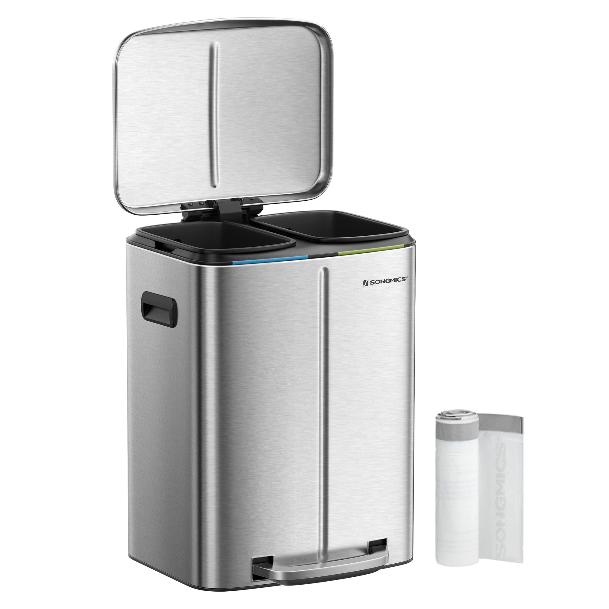 SONGMICS Mülleimer Küche, 2 x 20 L, Mülltrennsystem 2 Fächer, Treteimer, geruchsdicht, Abfalleimer Metall, Inneneimer aus Kunststoff, Softclose, silbern