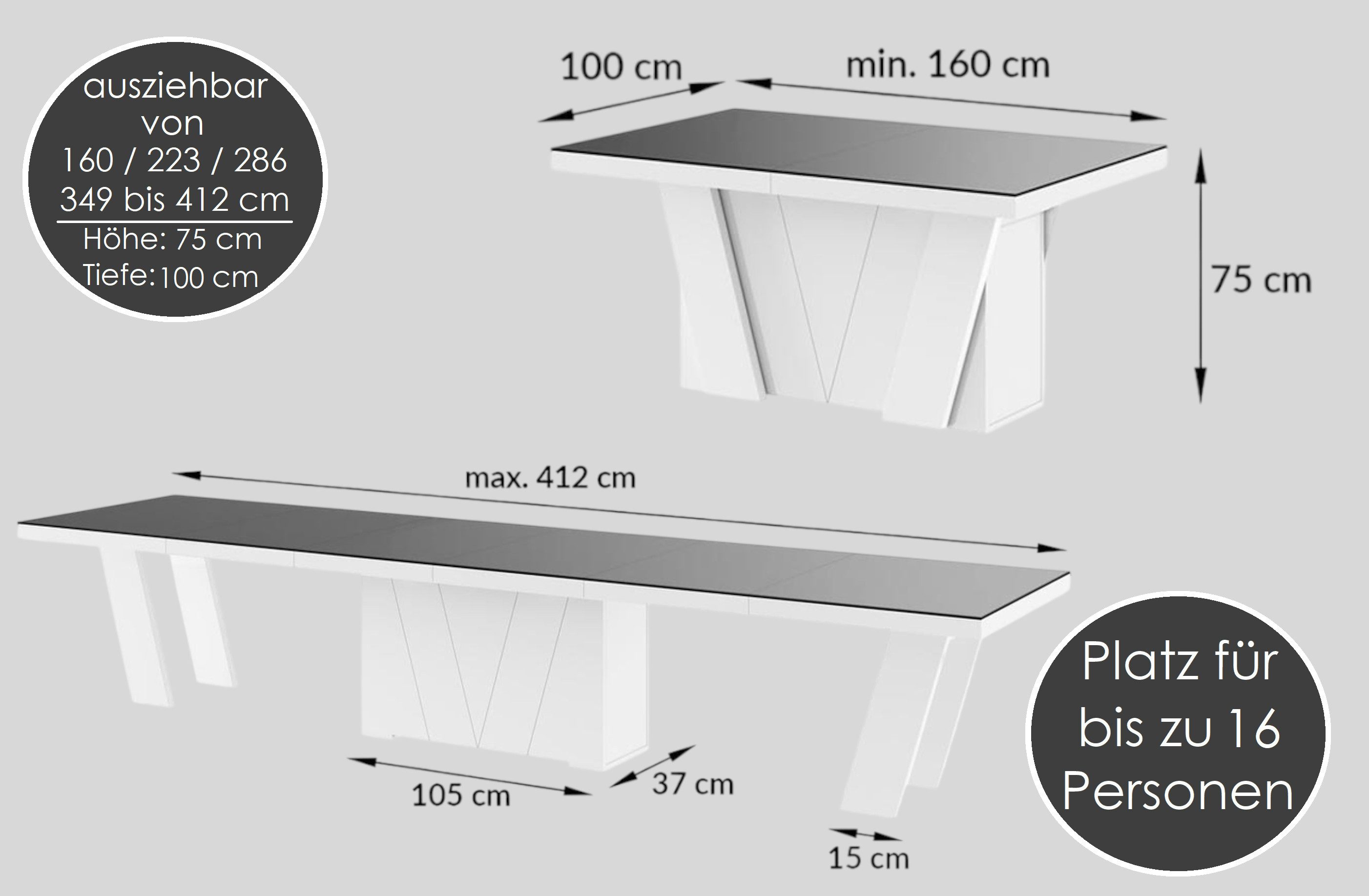 designimpex Esstisch Design HEG-111 Tisch Hochglanz XXL ausziehbar 160 bis 412 cm