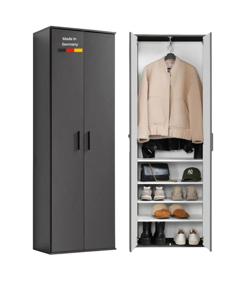 mokebo Mehrzweckschrank Der Lange (60x180 cm, mit einer Kleiderstange & Schuhfächern) Made in Germany, Garderobenschrank, Schuhschrank in Anthrazit