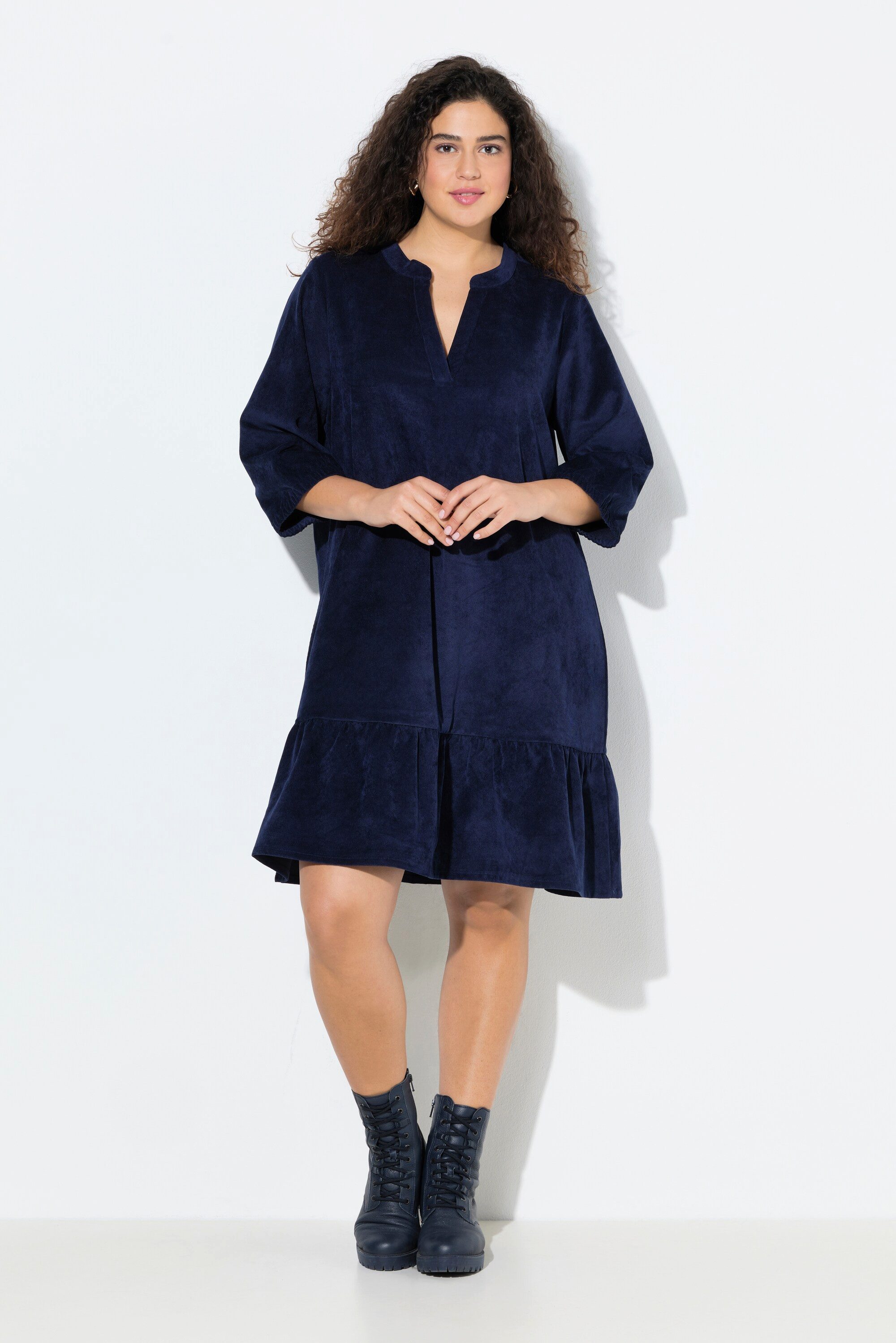 Ulla Popken Midikleid Cordkleid A-Linie Tunika-Ausschnitt 3/4-Arm günstig online kaufen