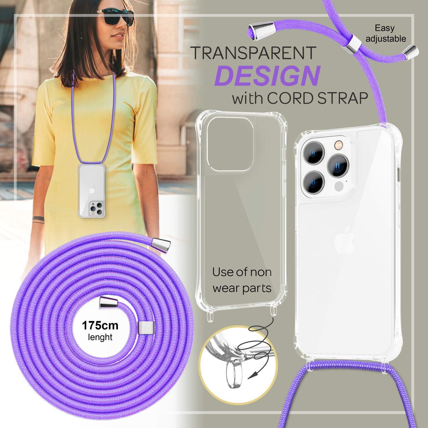 Nalia Backcover Apple iPhone 14 Pro Max 17 cm (6,7 Zoll), Klare Hybrid Hülle mit Kette / Schutzhülle zum Umhängen / Handyband