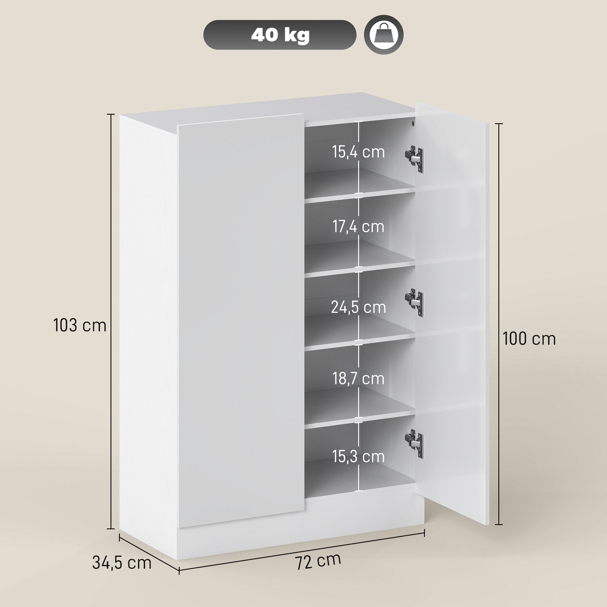 HOMCOM Schuhschrank für 15-20 Paar Schuhe (Schuhkommode, 1-St., Schuhaufbewahrung) verstellbare Regale, Weiß