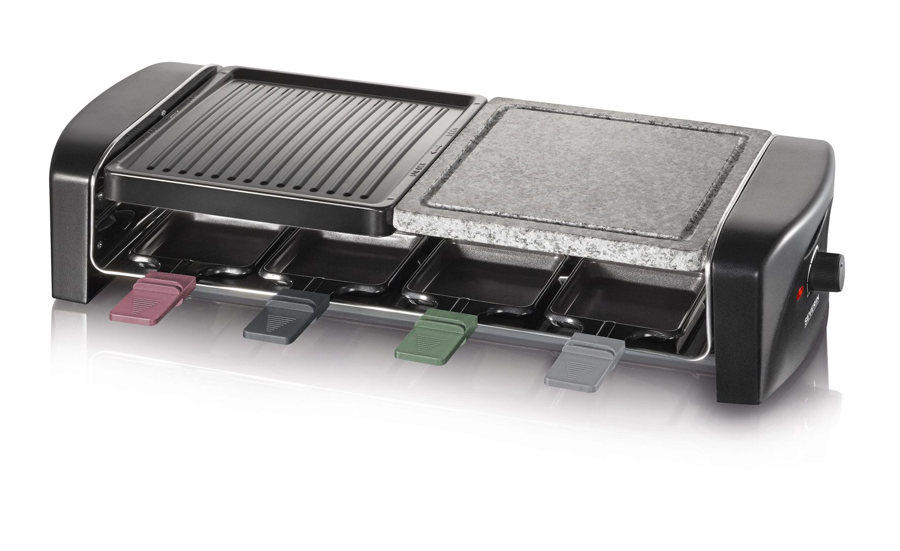 Severin Raclette RG 9645, 8 Raclettepfännchen, 1400 W, Naturgrillstein & antihaftbeschichtete Grillplatte, 8 Personen, 1400W