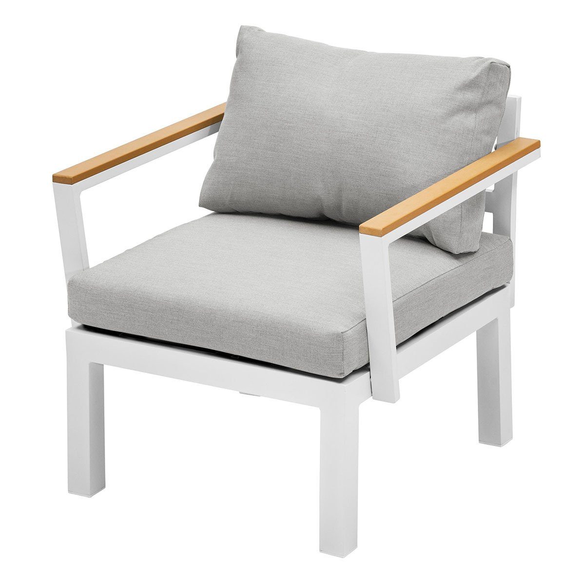 Gartenfreude Gartentisch Aluminium Sessel Ambience (1-St), mit wasserabweisenden Stoff Kissen Weiß / Grau / Teak | Tische