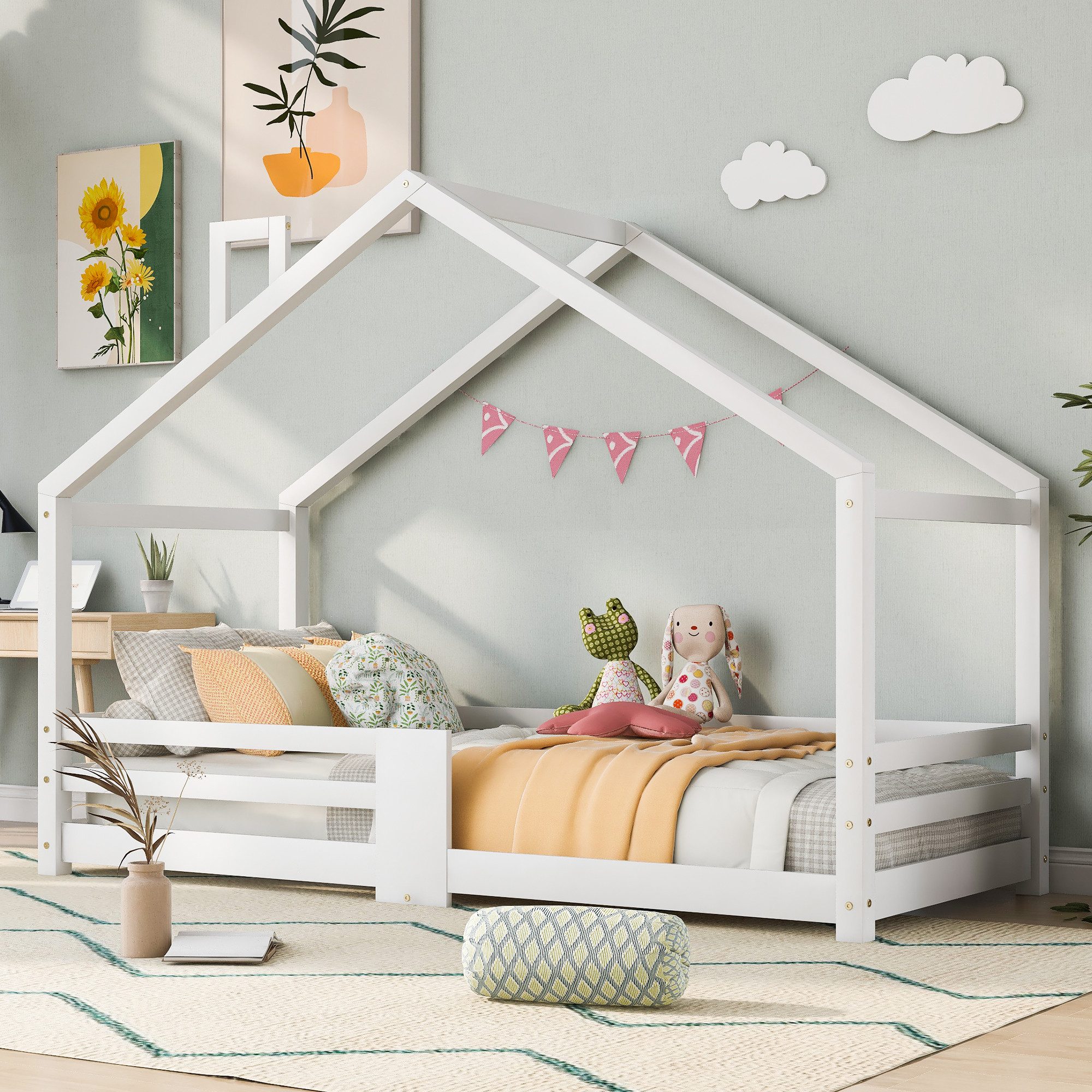 MODFU Kinderbett Bodenbett Spielbett mit Dach Schornstein (Bett für Kinderzimmer mit Rausfallschutz Lattenrost, Massivholz Bett ohne Matratze), 90×200cm,aus Kiefer Holz,Weiß