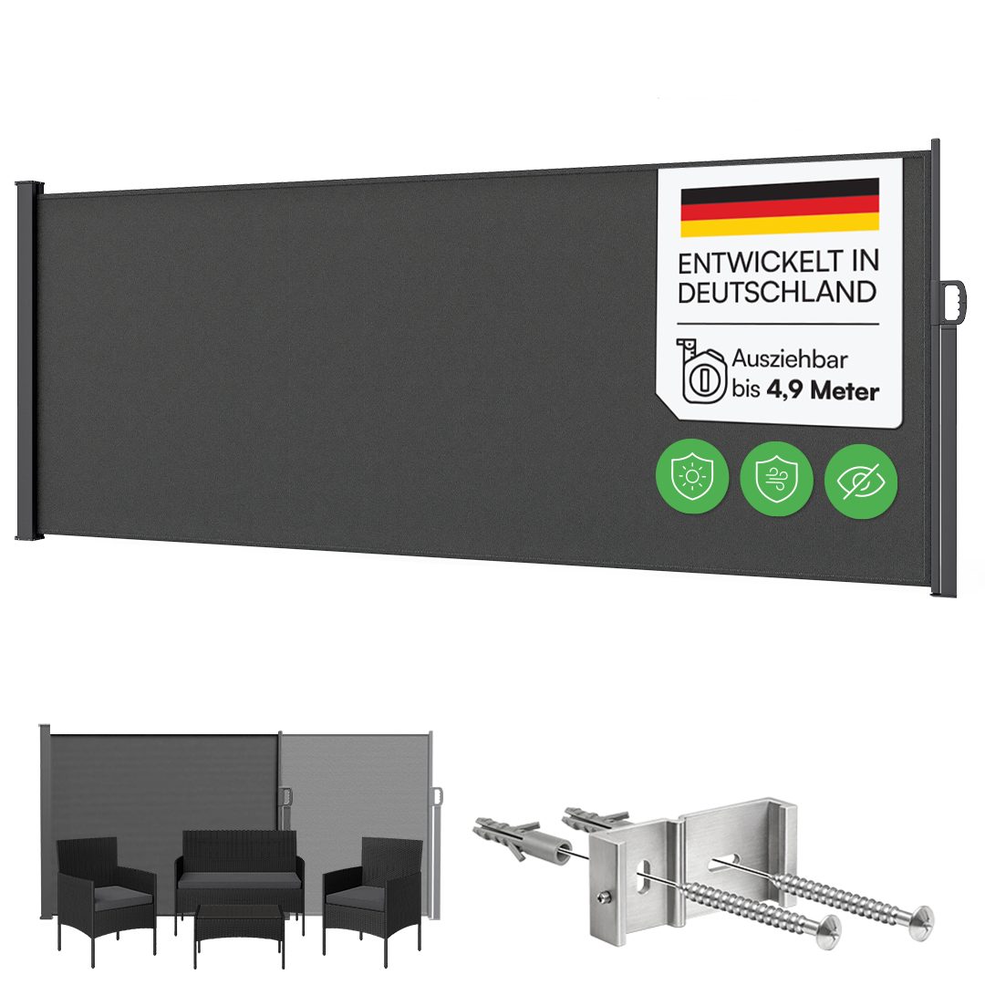 STEELSØN Seitenmarkise Zirella mit individuell einstellbarer Länge (anthrazit, 160x485 cm) Windschutz mit Griff, Sichtschutz ausziehbar, für Garten/Terrasse