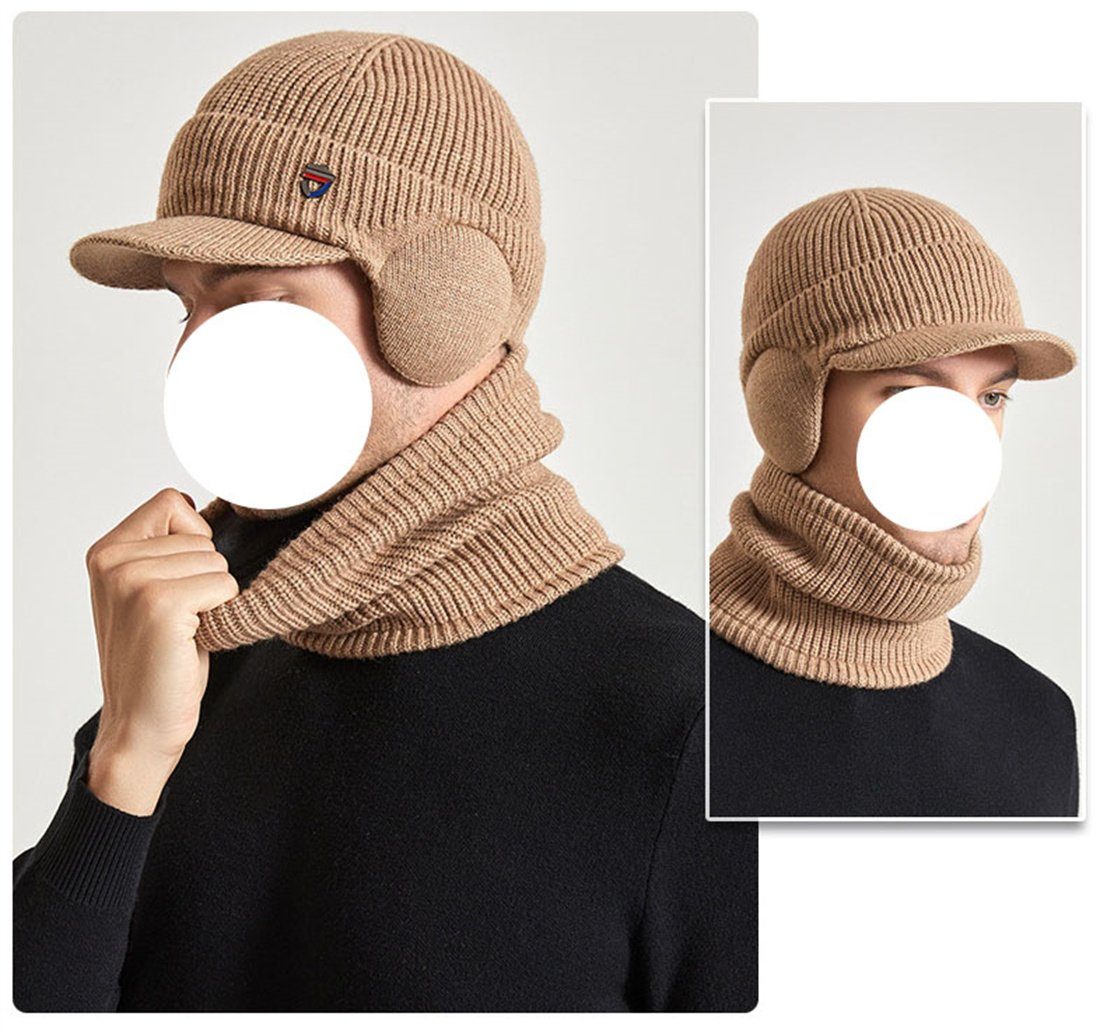 Strickmütze Strickmütze + 2er gepolsterte Schal DÖRÖY Set,Mütze warme Herren Ohrenschutz khaki