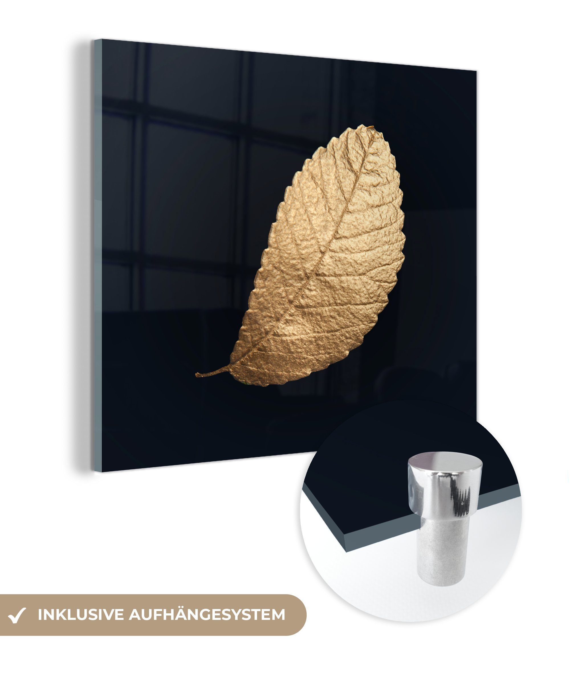 MuchoWow Acrylglasbild Gold - Blätter - Schwarz - Pflanzen - Luxus - Natur, (1 St), Glasbilder - Bilder auf Glas Wandbild - Foto auf Glas - Wanddekoration bunt