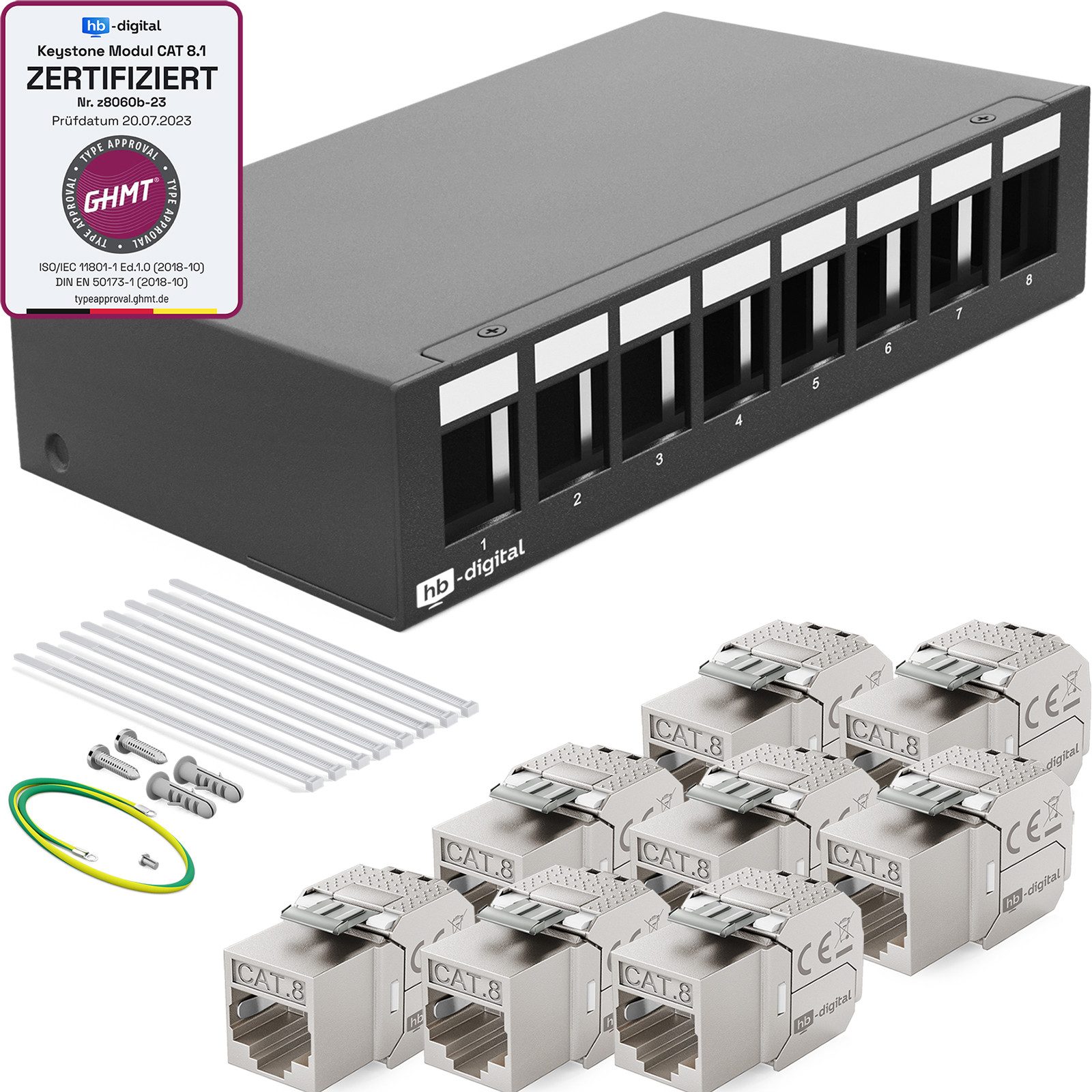 HB-DIGITAL Patchpanel 8 Port mit 8x Keystone Cat 8 Netzwerk Patchfeld schwarz Netzwerk-Panel (8 Port CAT 8.1, 1 HE, mit CAT 8.1 Keystone Modul RJ45)