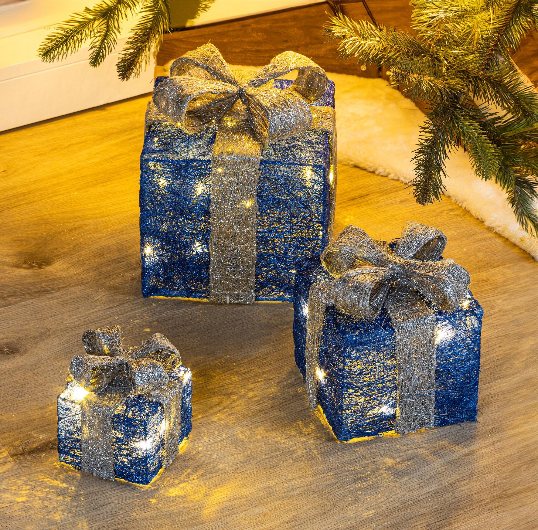 Spetebo LED Dekoobjekt LED Geschenkboxen mit Timer 3er Set - blau, Timerfunktion, LED fest verbaut, warm weiß, Weihnachts Deko Boxen warm weiß beleuchtet | Leuchtfiguren