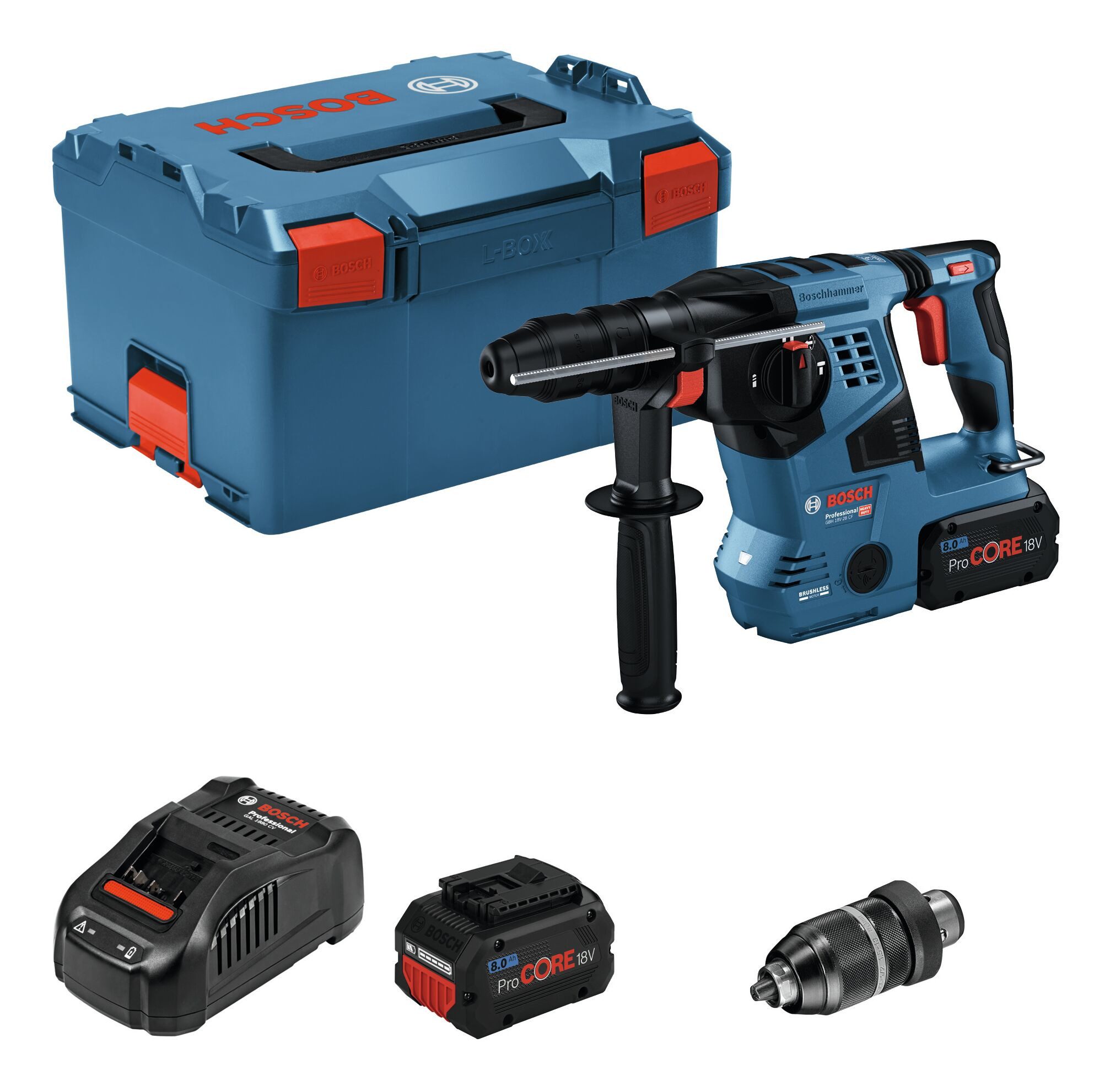 BOSCH Akku-Kombibohrhammer GBH 18V-28 CF, 18 V, Bohrhammer mit SDS plus mit 2x Akku ProCORE 8 Ah - in L-BOXX 238