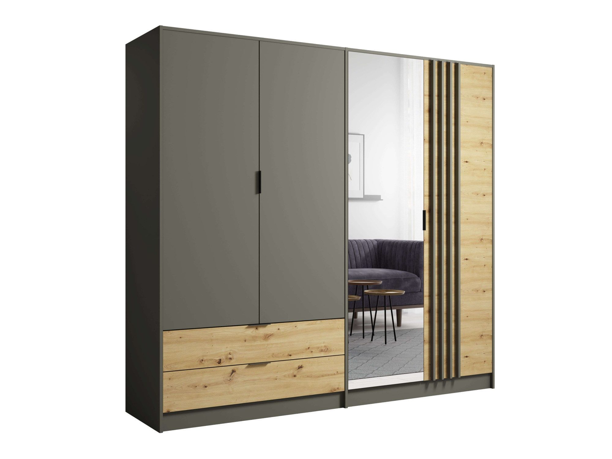Home affaire Kleiderschrank Kleiderschrank Loreto mit Schubkästen und Spiegel, B/T/H 220/54/202 cm Schrank mit Drehtüren und Schubladen, Spiegel und MDF-Lamelle – Bild 2 von 5