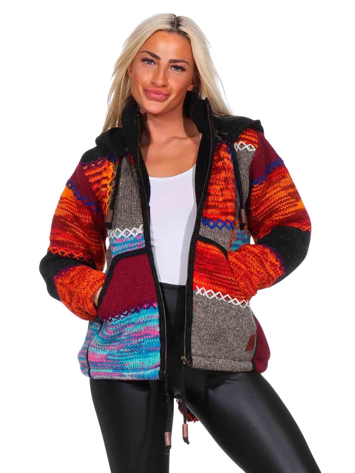 KUNST UND MAGIE Kapuzenstrickjacke Damen Strickjacke Wolle Jacke +Fleecefutter +abnehmbarer Zipfelkapuze