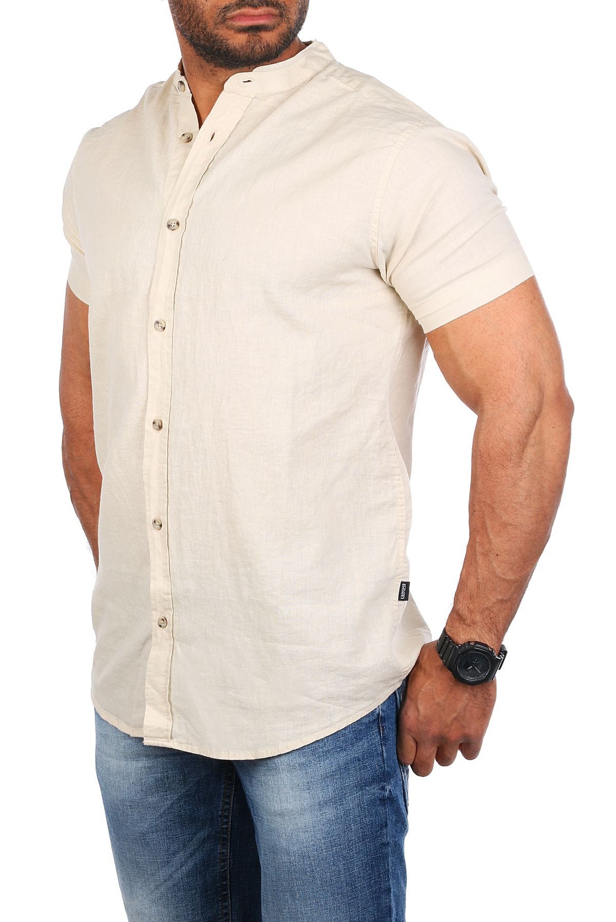 CARISMA Kurzarmhemd Herren Leinen Baumwoll Mix Casual Hemd 9337 Regular Kurzarm Stehkragenkragen Uni – Bild 3 von 5