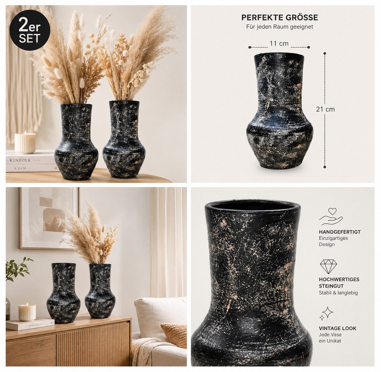 RAIKOU Dekovase Keramikvase 21 cm Vintage Deko Vase aus Steingut Pampasgras (Set, 2 St., 2 Zwige), handgefertiagt