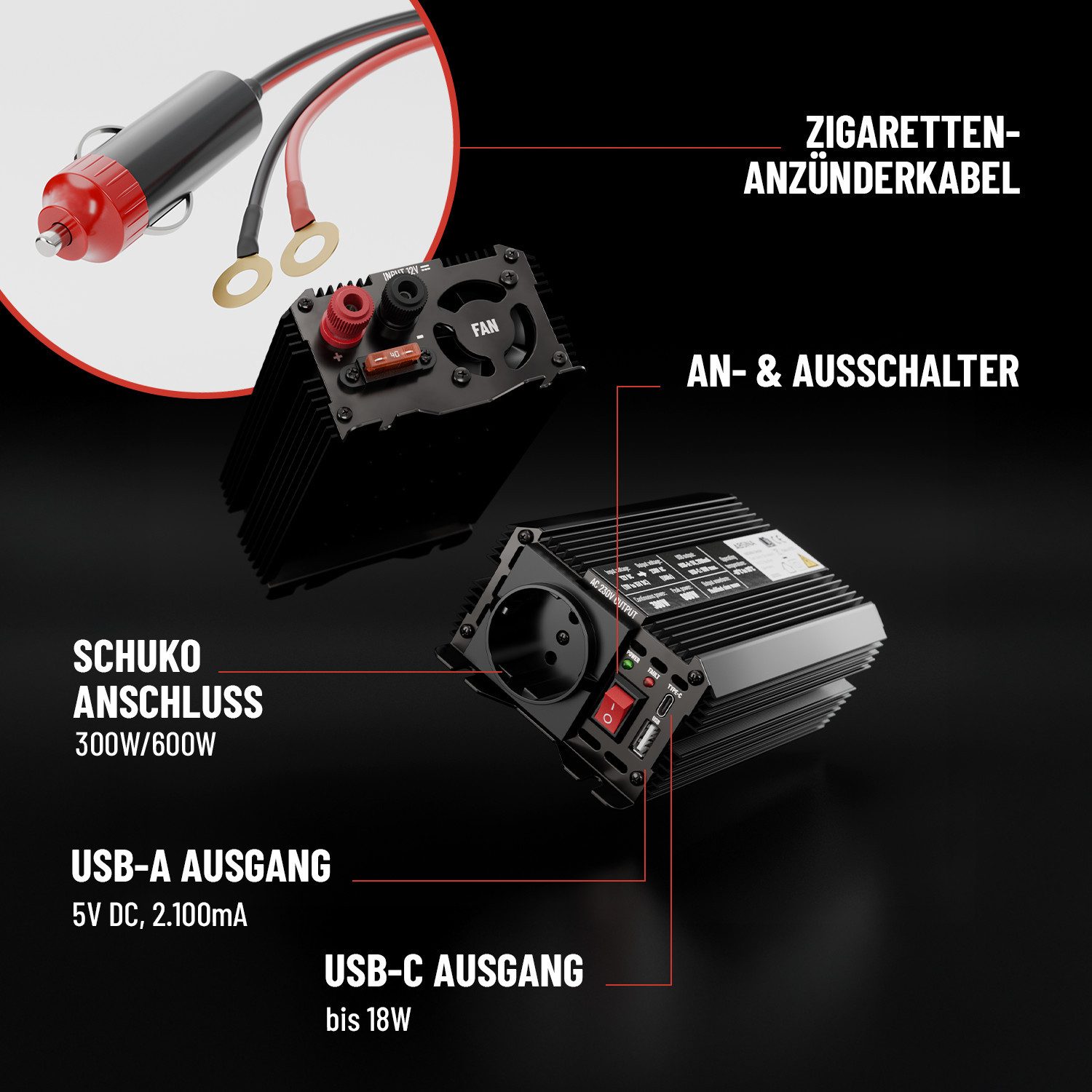 ABSINA Wechselrichter 12V auf 230V Spannungswandler Auto 2er Pack - mit mod. Sinus, (2 St) – Bild 5 von 5