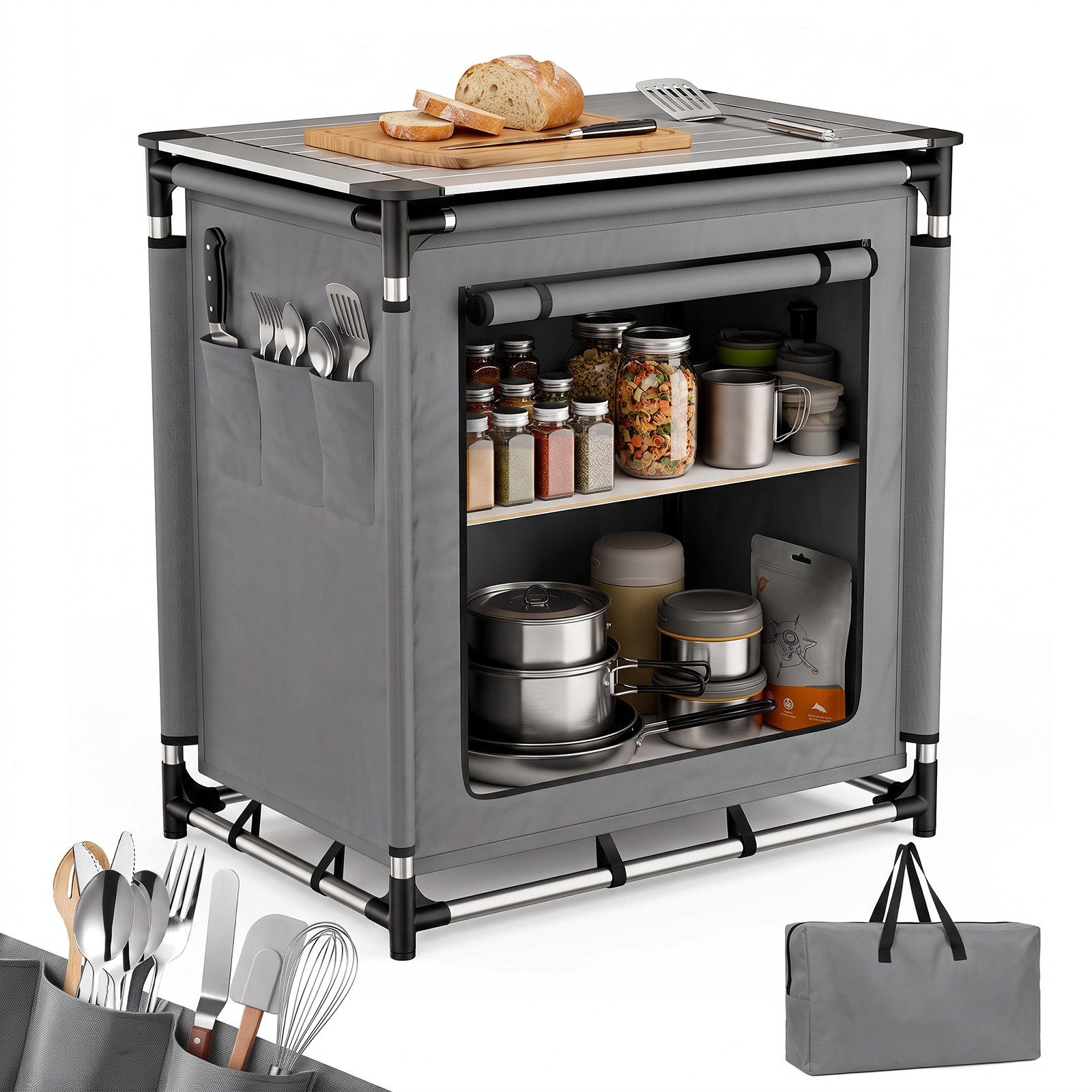 Sekey Campingschrank Faltbar Campingküche mit Aluminiumgestell und Aluminium-Arbeitsplatte Campingtisch mit 2 Fächern, leicht transportierbarer Reiseküche