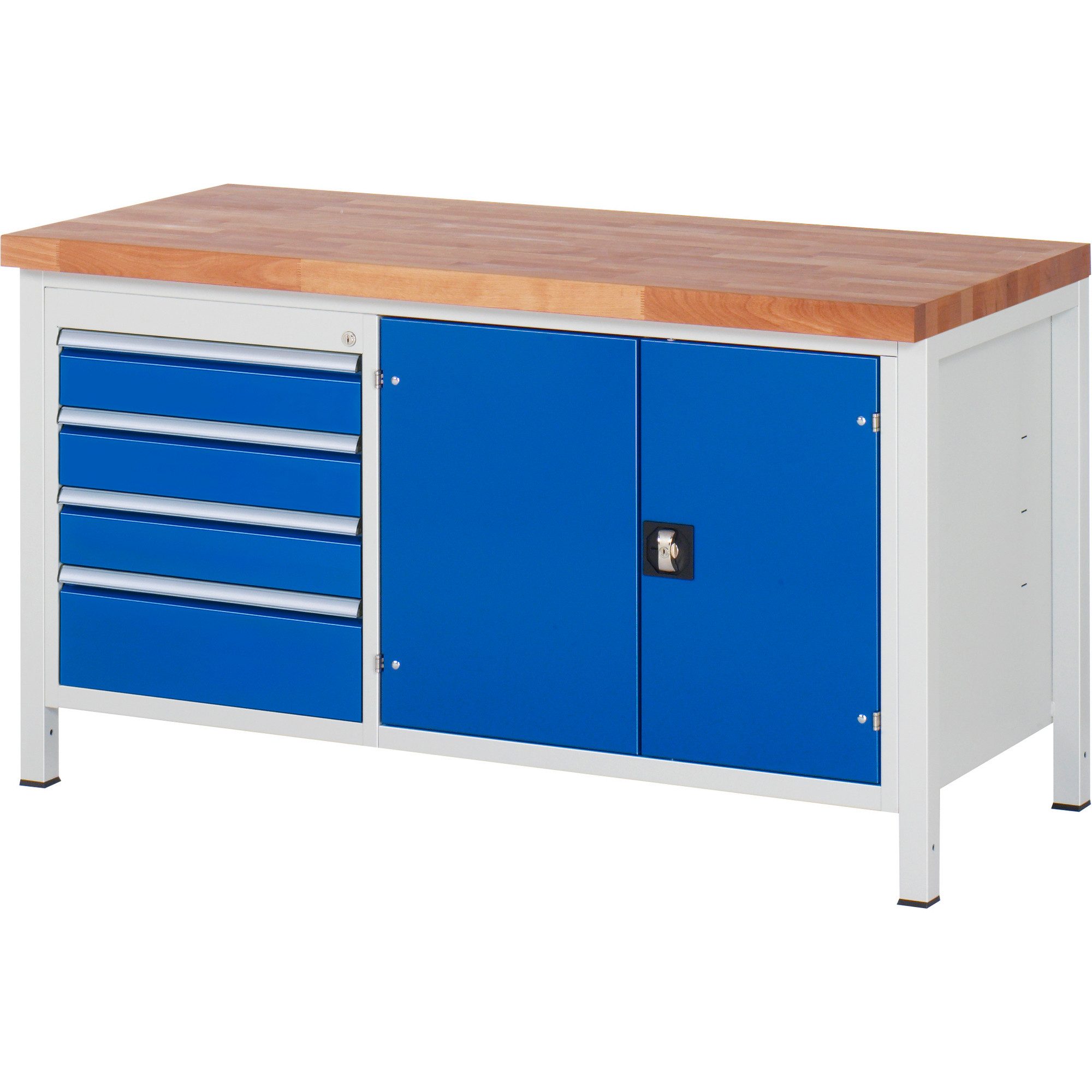 RAU Werkbank Werkbank 1500x700x840-1040mm 4xSchublade-TA 1xTür lichtgrau/enzianblau