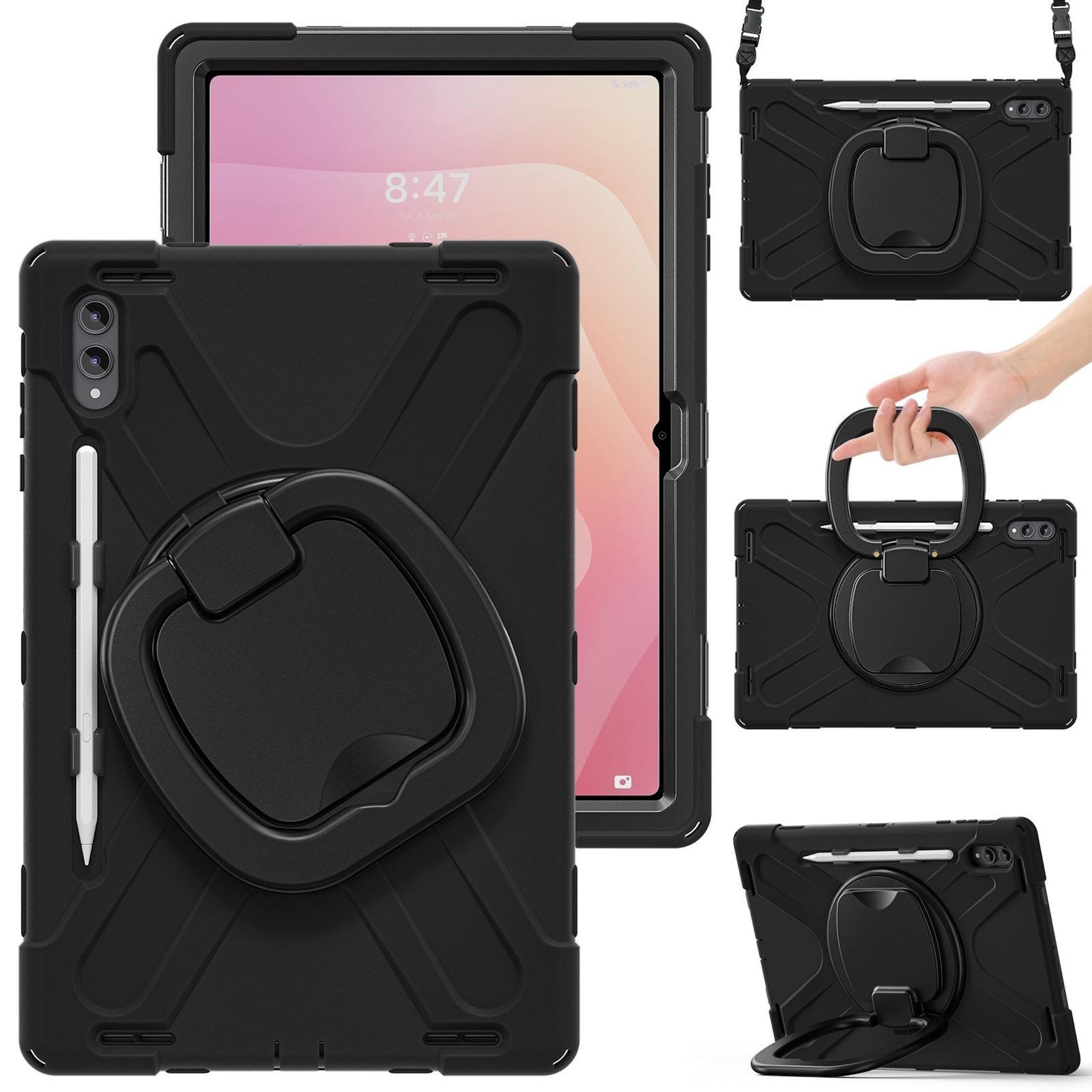 Wigento Tablet-Hülle Für Samsung Galaxy Tab S11 Ultra Hybrid Hülle Halter & Gurt Schwarz, 360° drehbar, stoßfest, Schultergurt