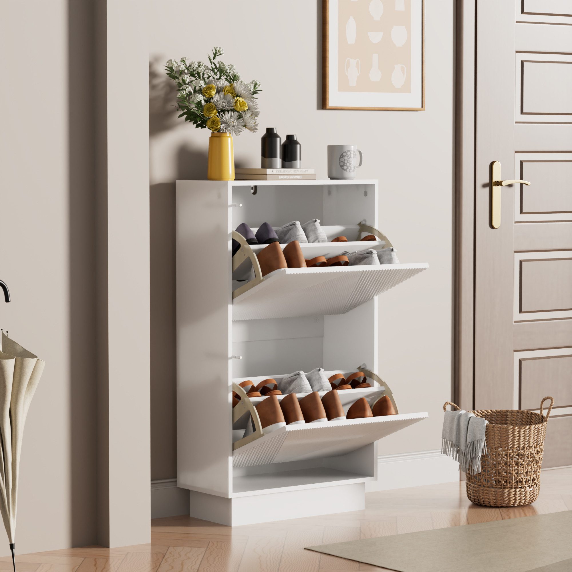 UEV Schuhschrank mit 2/3 Klappen schmal Schuhkommode mit Kippschutz Schuhregal (Packung, Schuhständeregal mit Drucktüröffner für Flur Eingang Platzsparend) Tren – Bild 2 von 5