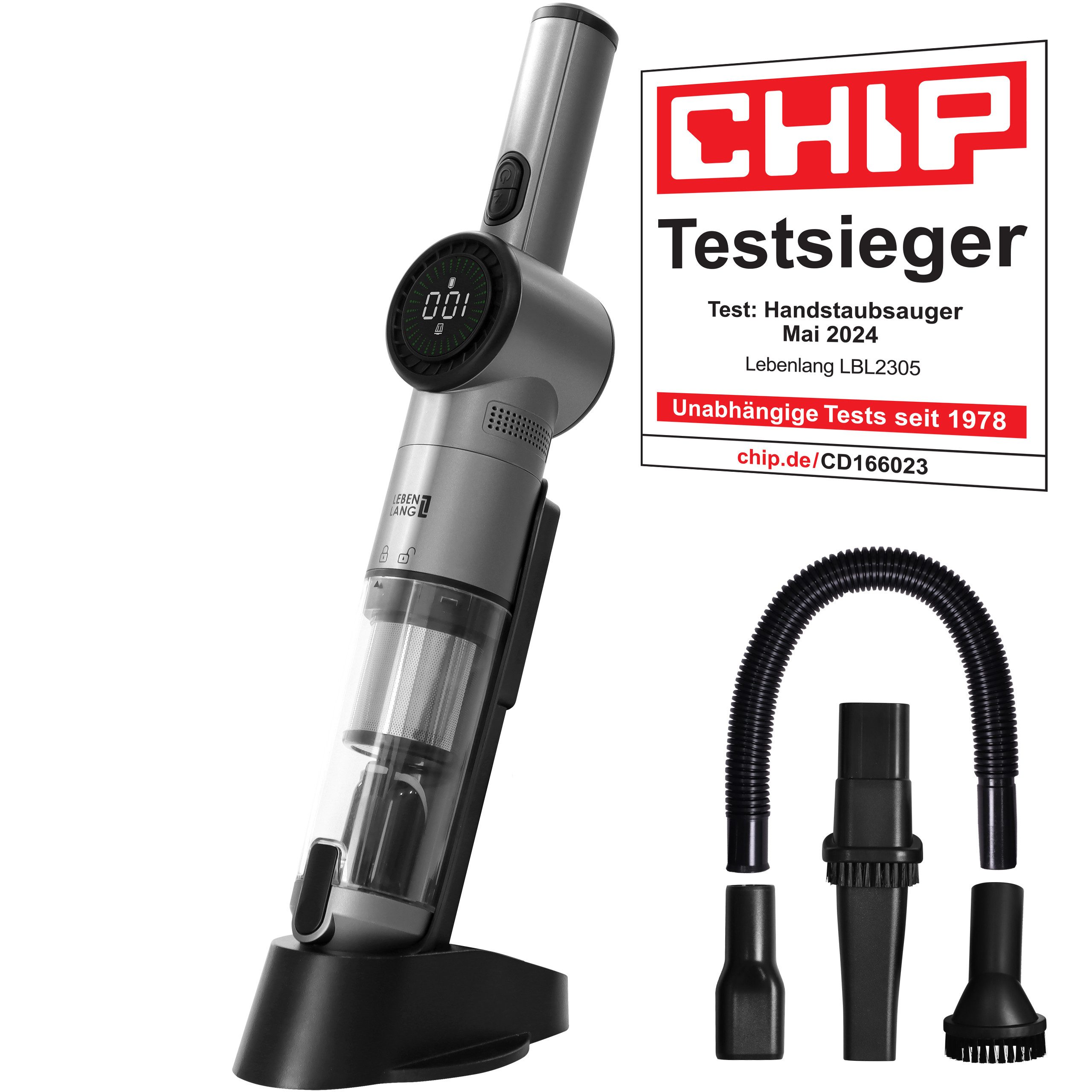 Lebenlang Akku-Handstaubsauger Kabellos - Kompakter Akkustaubsauger I, 135,00 W, I Beutellos I, 17000PA mit Zwei Modi Option & Innovativem Display I Inkl Viel Zubehör