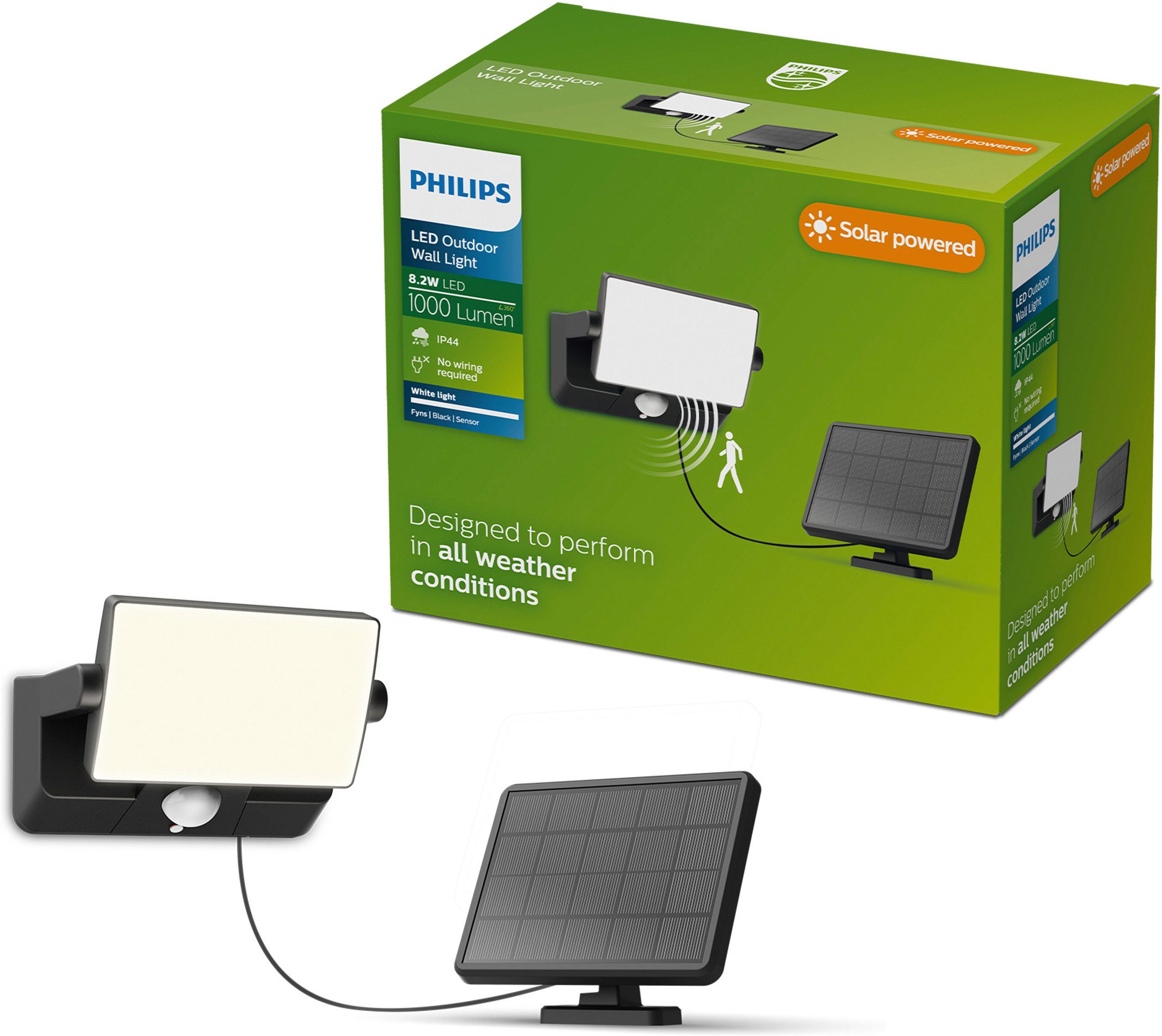 Philips LED Solarleuchte Outdoor Solar Fyns Sicherheitslicht für Wand, Abschaltautomatik, Bewegungsmelder, Tageslichtsensor, LED fest integriert, Neutralweiß, Tageslicht- und Bewegungssensor, 3000 Kelvin, 1000 Lumen, schwarz