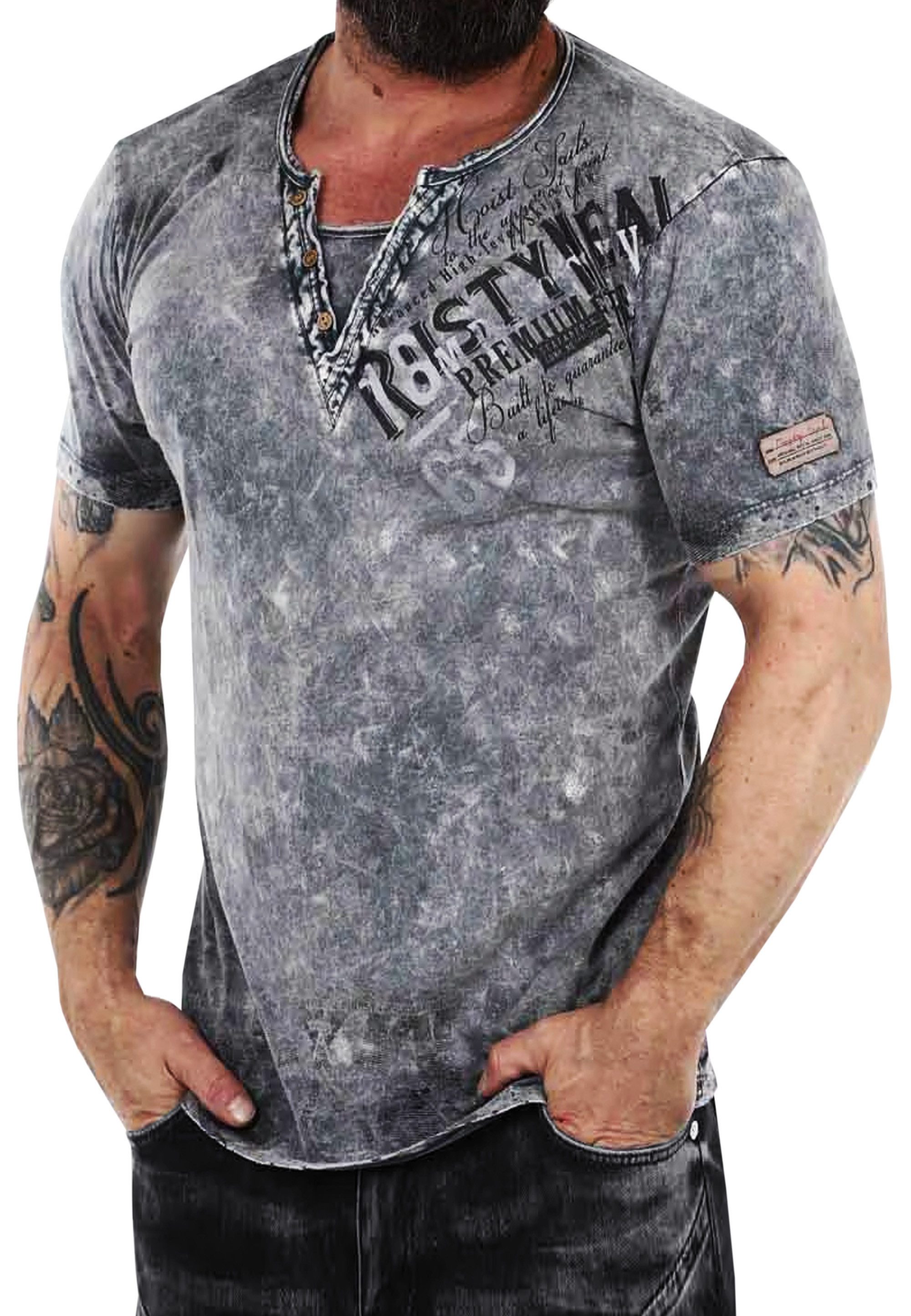 R-NEAL T-Shirt Original T-Shirt Rundhals X V-Neck Shirt Verwaschen Vintage Oil Washed