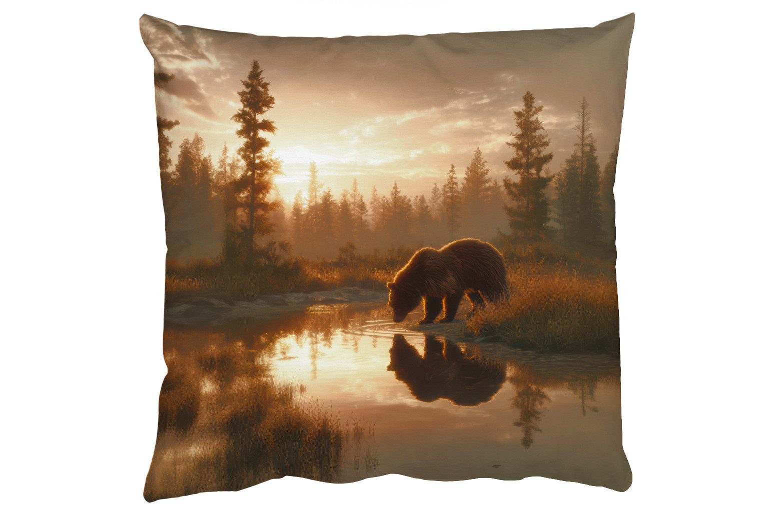 MuchoWow Dekokissen Bär - Wasser - Wald - Morgenlicht, Zierkissen mit Füllung und Bezug, Sofakissen, 45x45 cm