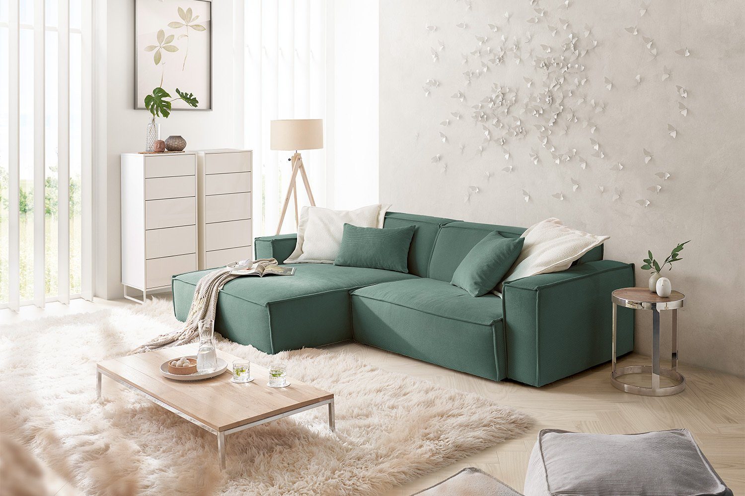 links, Farben SAMU, Sofa Recamiere rechts Ecksofa od. versch. Feincord, grün KAWOLA
