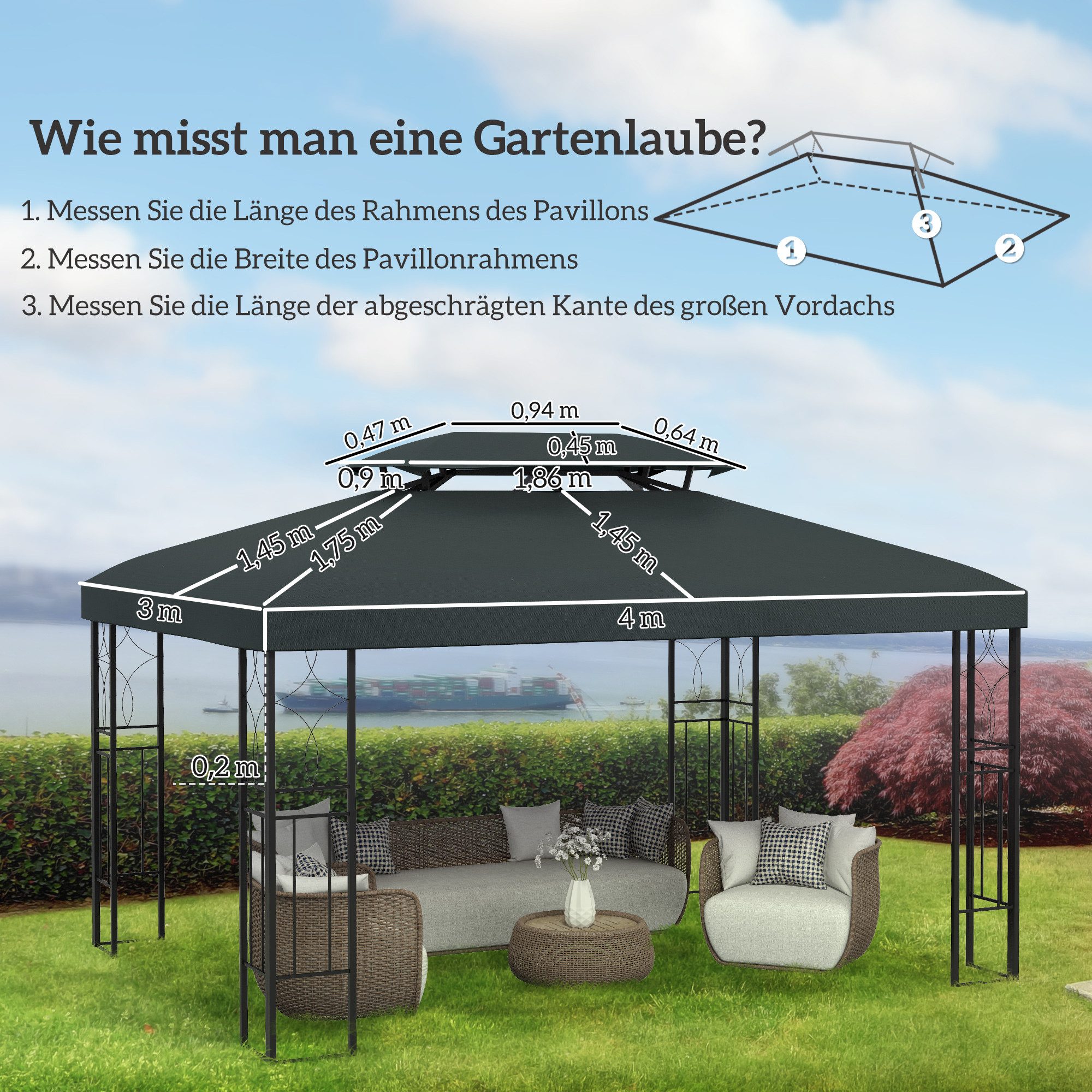 Outsunny Pavillon-Ersatzdach 3 x 4 m, mit Doppeldach, 180 g/m², 400 x 400 cm (Ersatzdach, Gartenpavillonersatzdach), für Gartenpavillon, Polyester, Kohlegrau