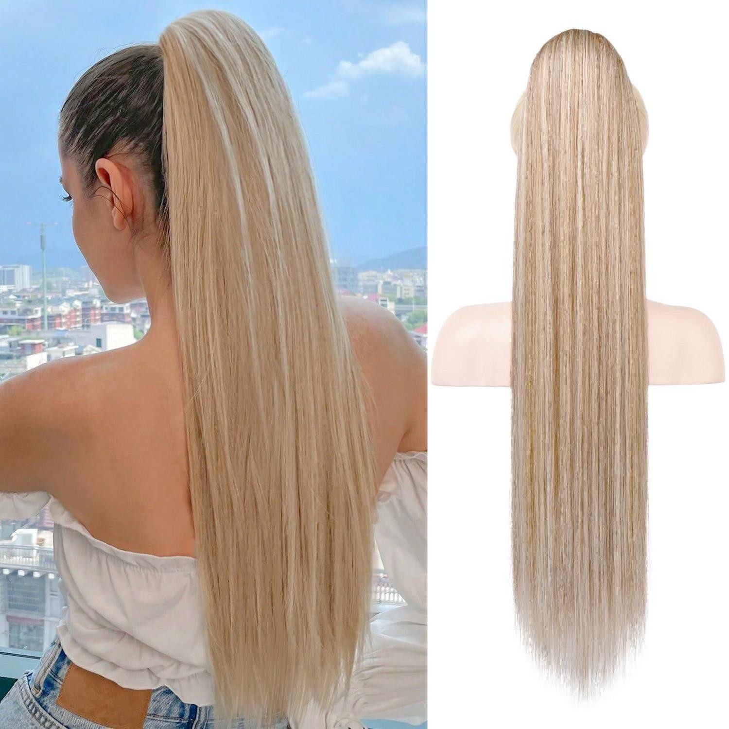 LuxusKollektion Kunsthaar-Extension Pferdeschwanzverlängerung Kordelzug Pony Dunkelblond mit Highlights