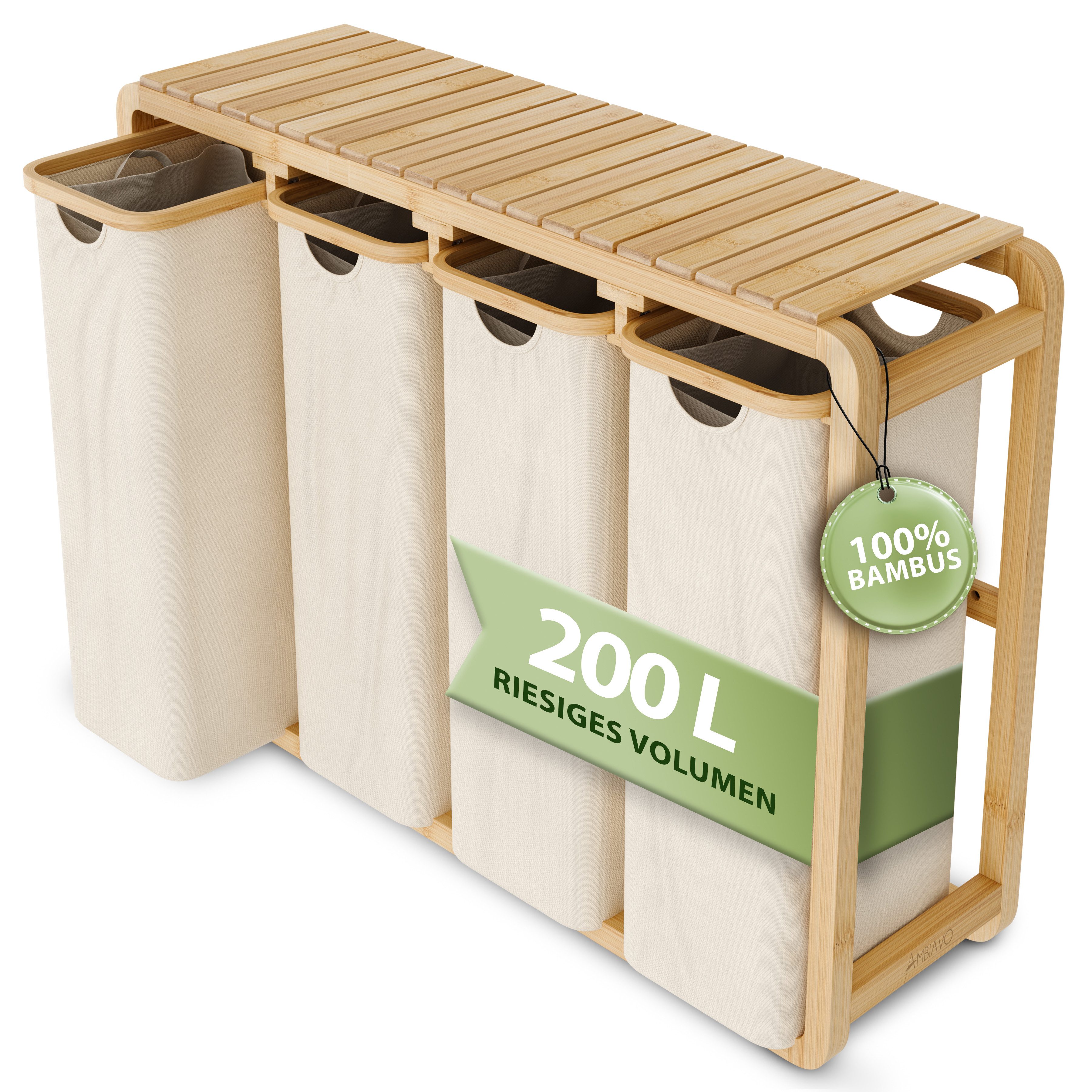 AMBIAVO Wäschekorb 4 Fächer mit waschbaren Baumwollsäcken, 200 L Volumen, s günstig online kaufen