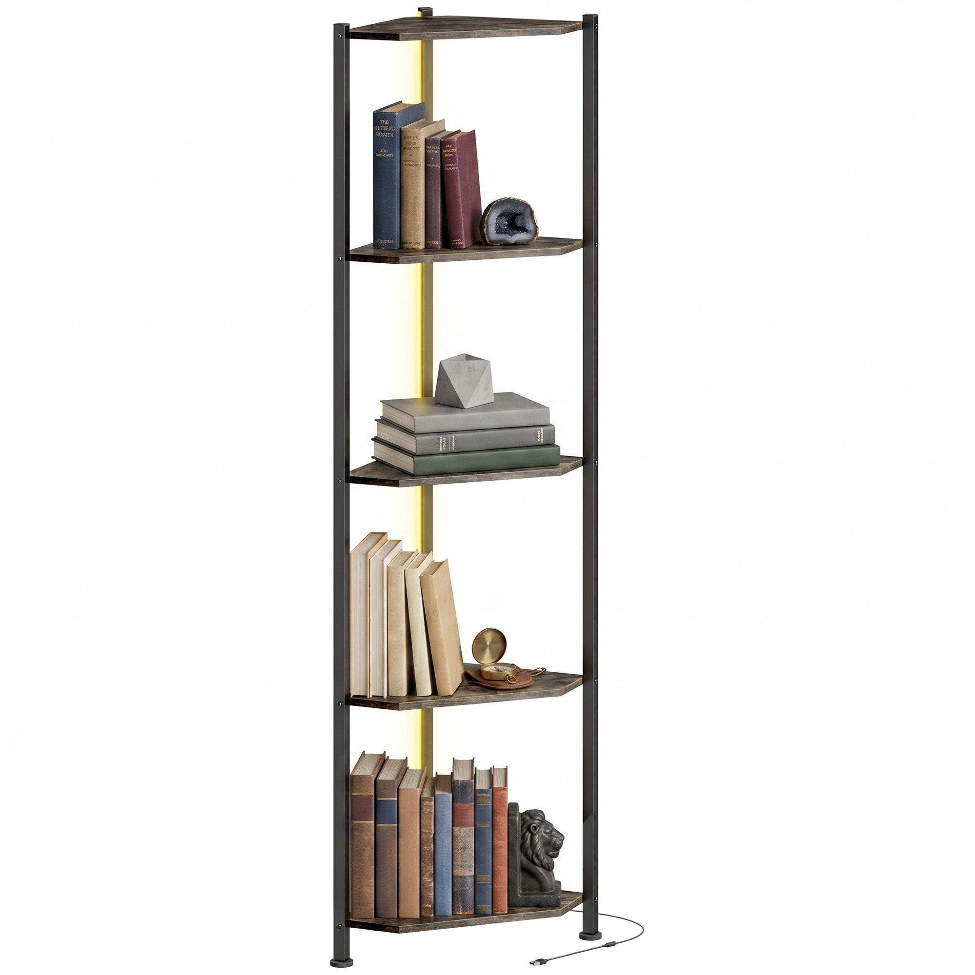 HOMCOM Bücherregal Regal 5 Ebenen Aufbewahrungsregal mit Metallrahmen Rustikal-Braun, Eckregal 2-tlg., LED-Beleuchtung, Eckregal, platzsparend