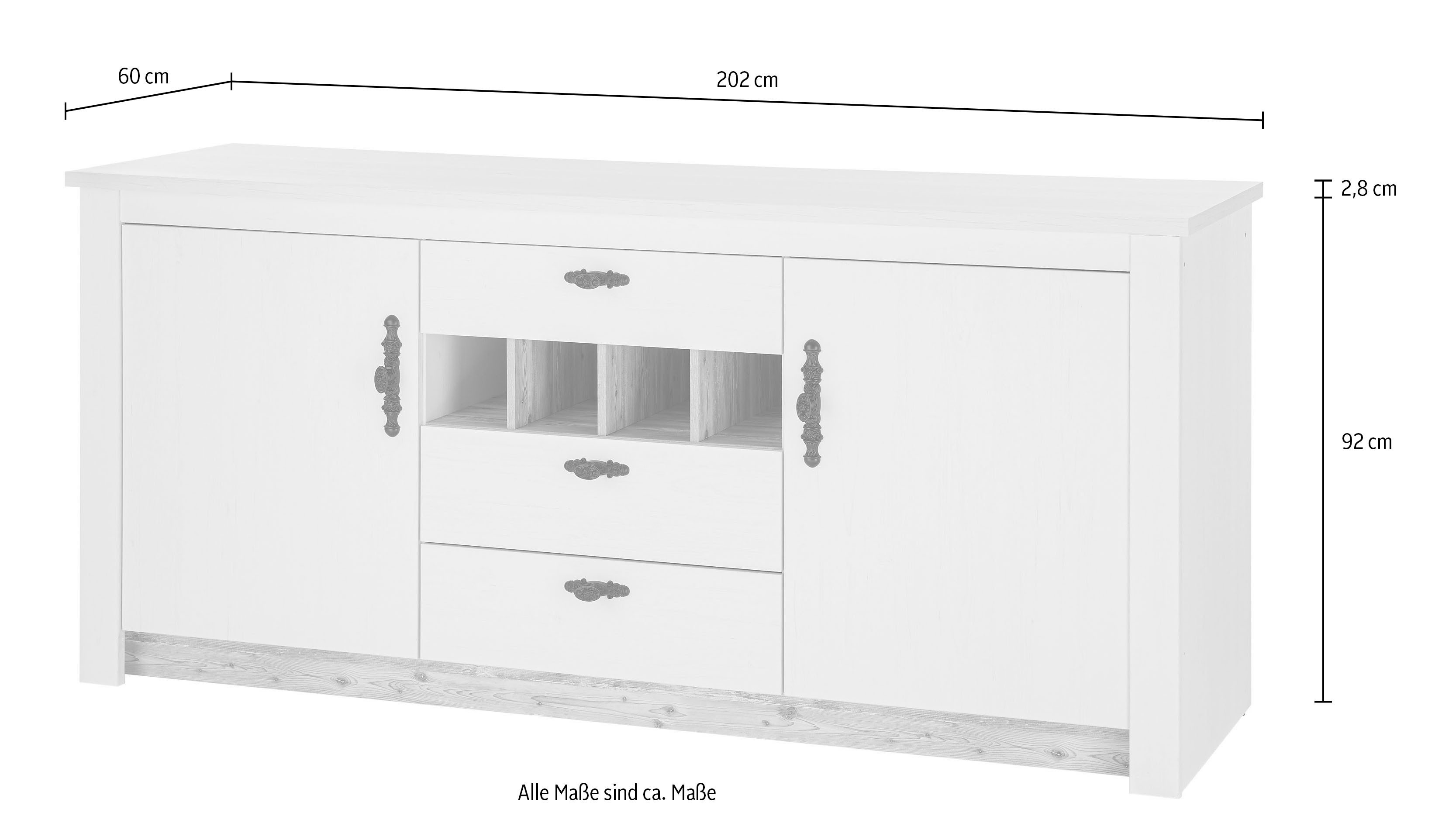Home affaire Florence kitchen unit, kitchen in pine white, with hob housing, without appliances, (set), width 394 cm, with ornate metal handles, working height 92 cm