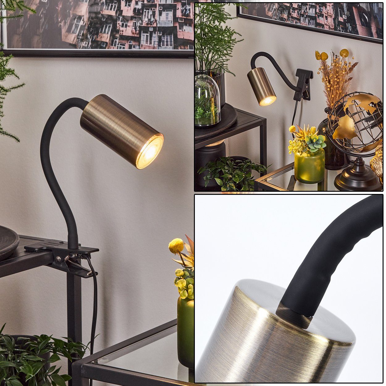 Klemmlampe Klemmleuchte Schwarz/Messingfarben, aus in moderne Metall hofstein »Gambellara« Leuchtmittel ohne