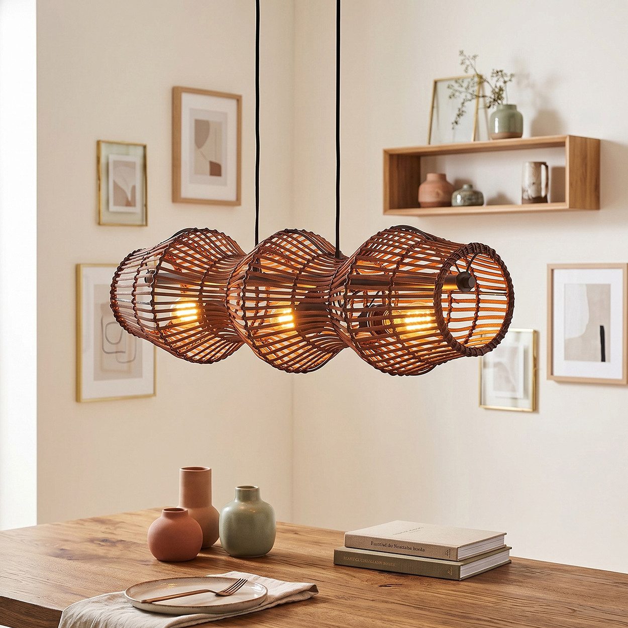 hofstein Pendelleuchte Hängelampe aus Metall/Bambus in Schwarz/Braun, ohne Leuchtmittel, Hängeleuchte im skandinavischen Design, Boho-Style, max. 170 cm, 3xE27
