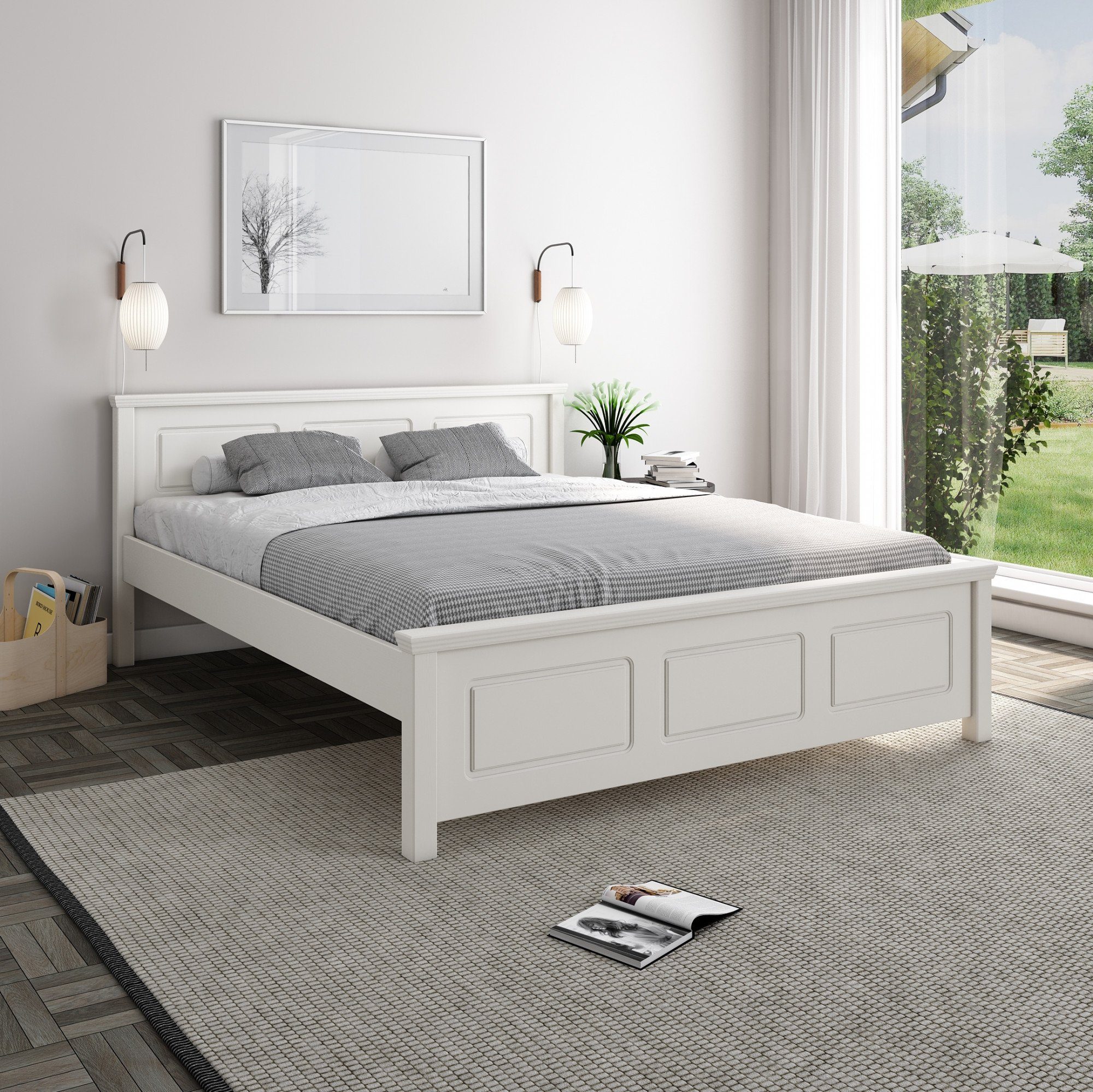 Home affaire Massivholzbett "ERIK", Made in Europe, optional mit Schublade, Massivholz Kiefer (FSC® zertifiziert), in mehreren Größen, Landhausstil mit Kassettenoptik