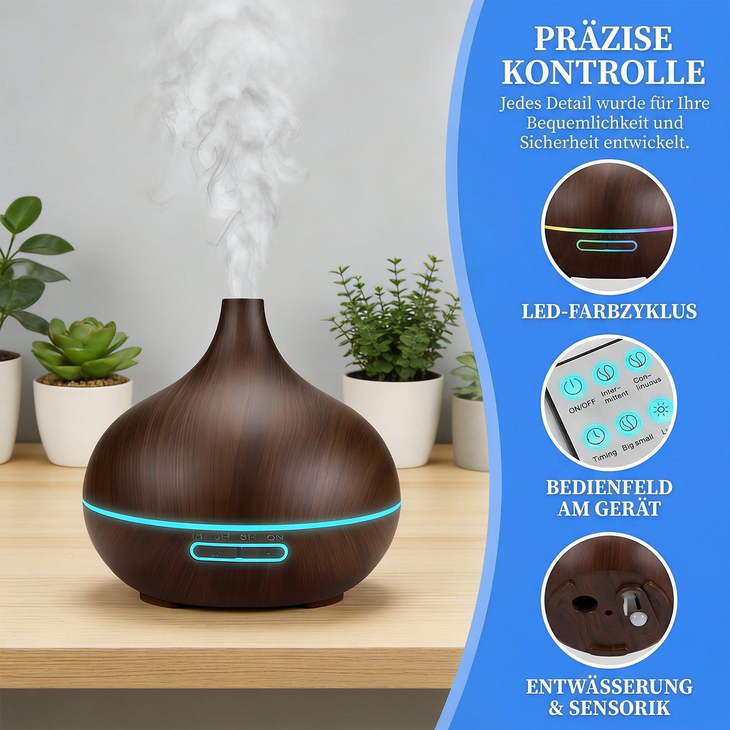 AKKEE Diffuser Multifunktions-Luftbefeuchter Aromatherapie-Diffusor 500ml, 0,5 l Wassertank, mit 3 Timer-Einstellungen