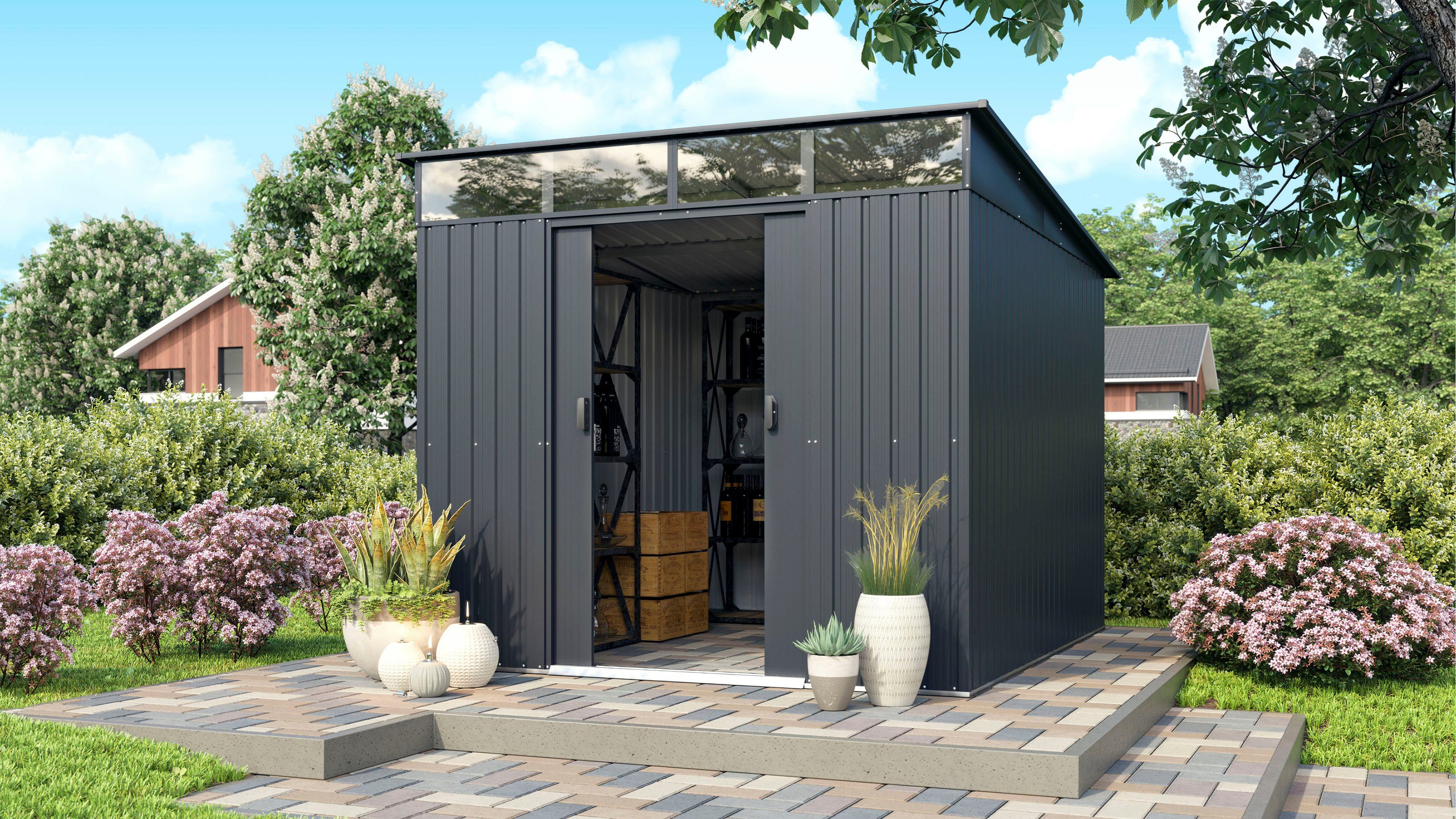 Pergart Gerätehaus Lübeck 89, BxT: 224x267 cm, Metall, mit Pultdach und Lichtband, anthrazit matt