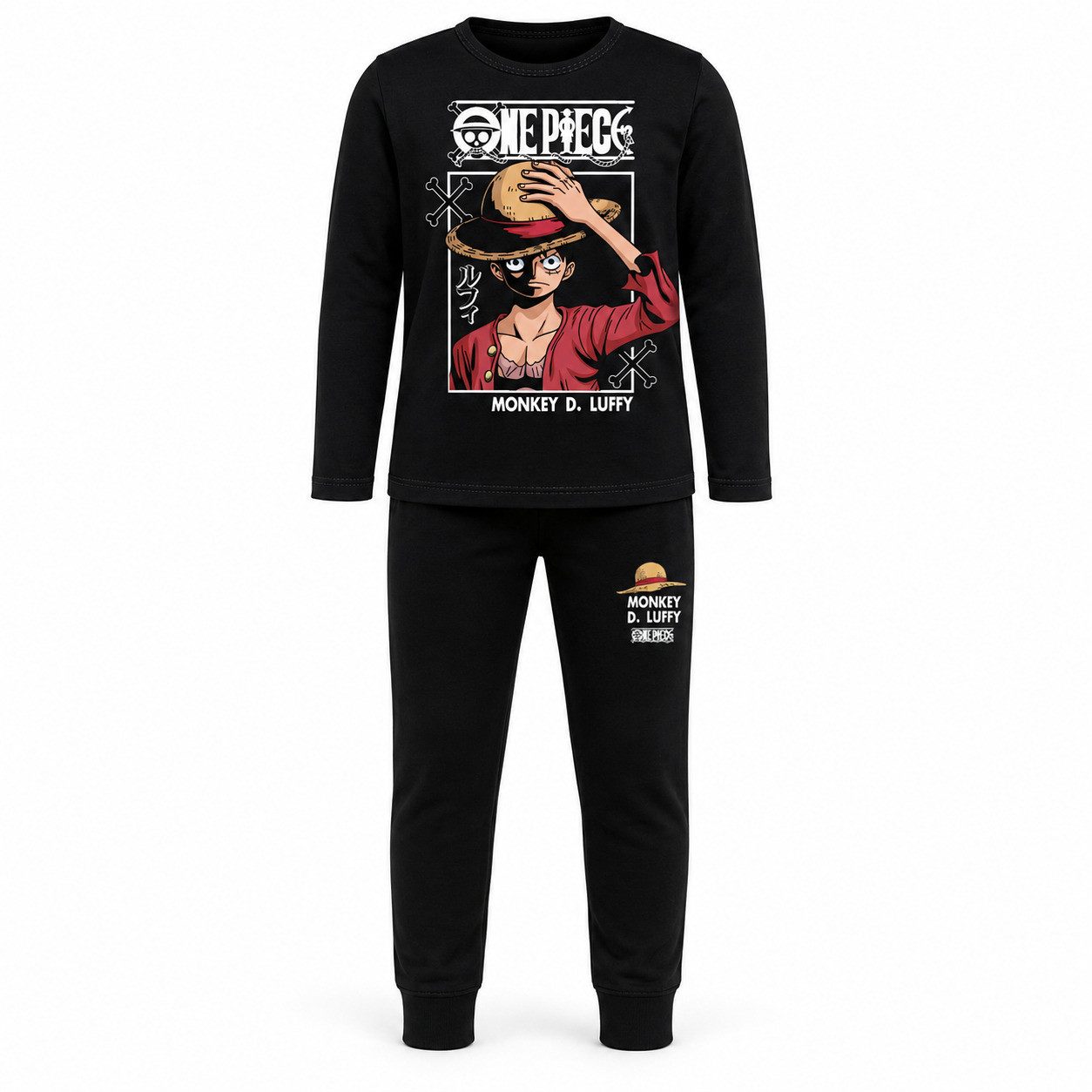 One Piece Schlafanzug Anime One Piece Ruffy Jungen langarm Schlafanzug Pyjama Shirt Hose (Set) Gr. 128 bis 152, 100% Baumwolle