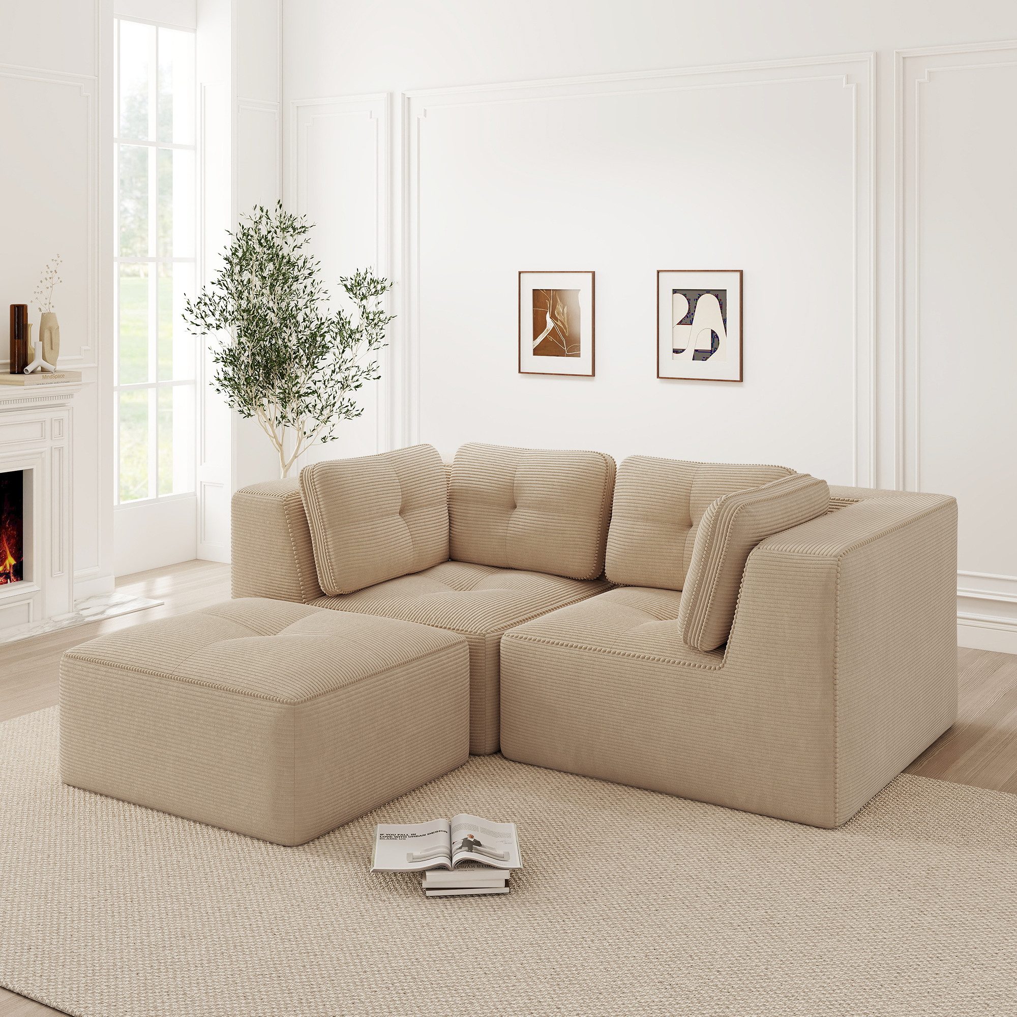 Odikalo Sofa Ecksofa Schlafsofa Modulares Sofa, Cord, rahmenloses L-förmiges Sofa mit beweglicher Fußstütze, bequemer Cordstoff, geeignet für Wohn- und Schlafzimmer