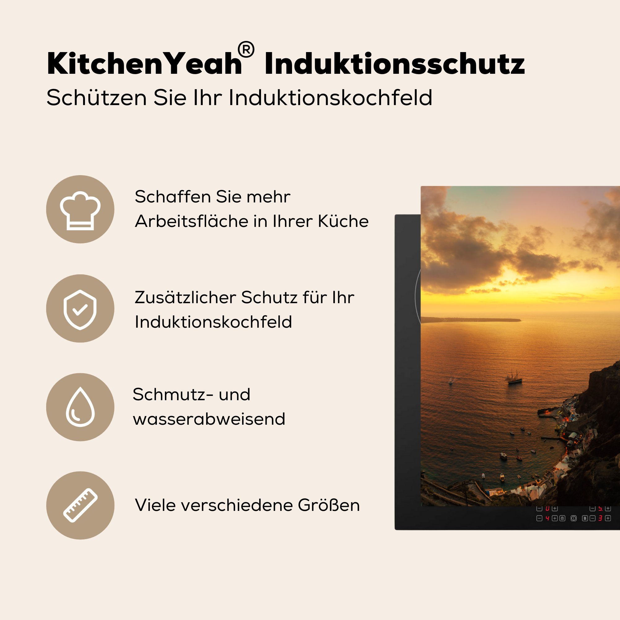 von Ceranfeldabdeckung, Herdblende-/Abdeckplatte Griechenland bei MuchoWow Fischerdorf cm, tlg), für Vinyl, 83x51 (1 Arbeitsplatte Sonnenuntergang, Santorini Das küche