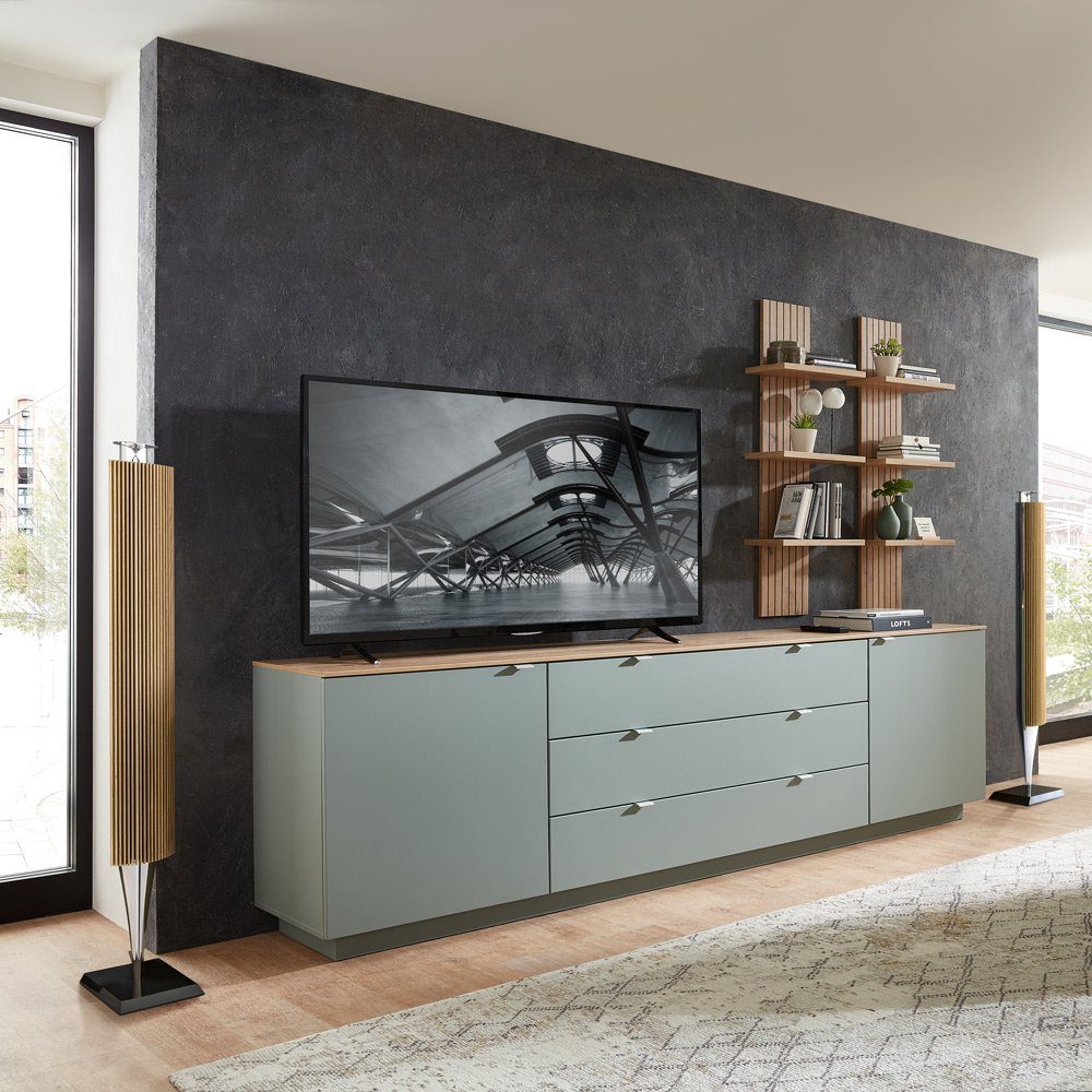 Lomadox Wohnwand CUST-36, (3-St., 3-tlg), cm, Fernsehschrank Set mit 2 mit grün Wohnwand, Wandboards 240 Eiche