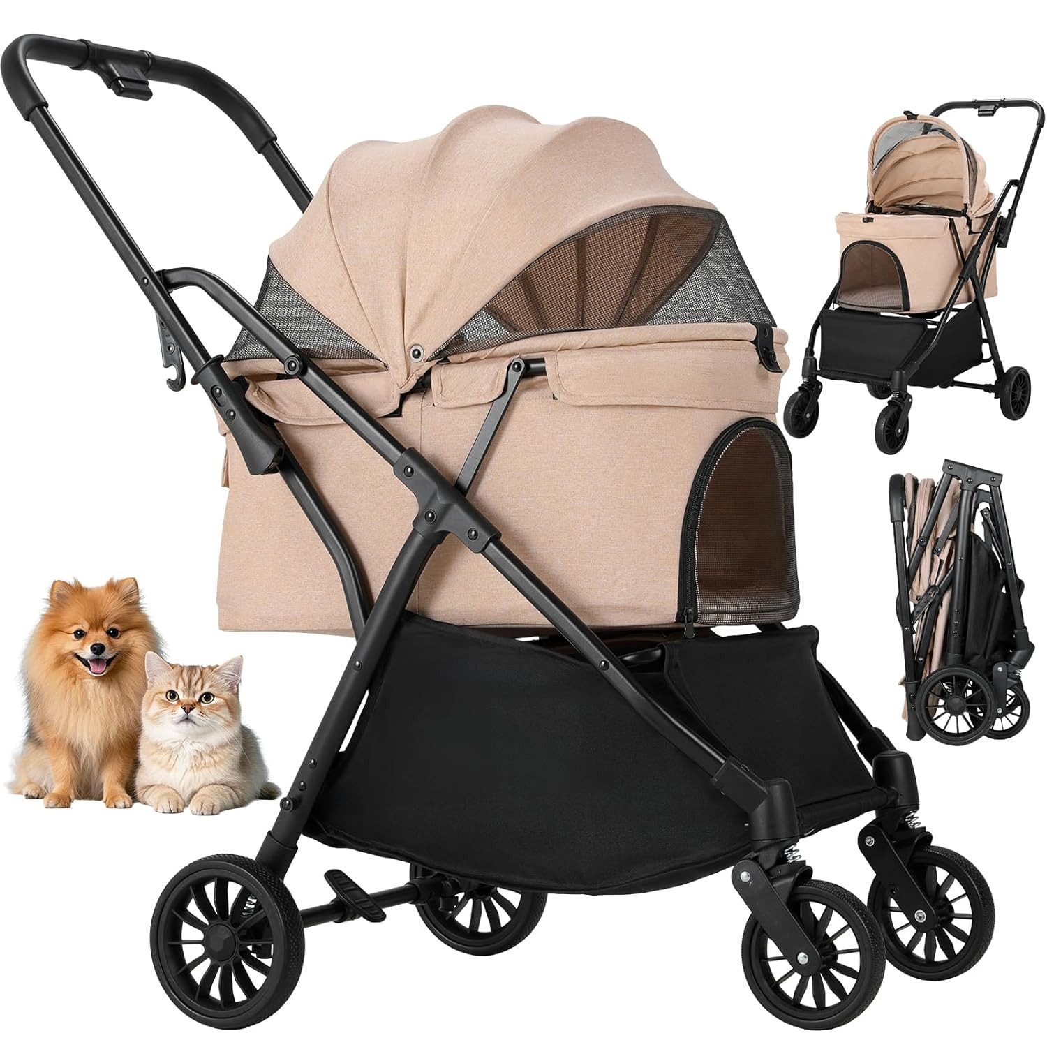 TLGREEN Hundebuggy One-Touch Faltbarer bis 20 kg, (mit 360° Rädern & Belüftungsfenstern), leichter Katzenwagen für kleine Hunde und Katzen